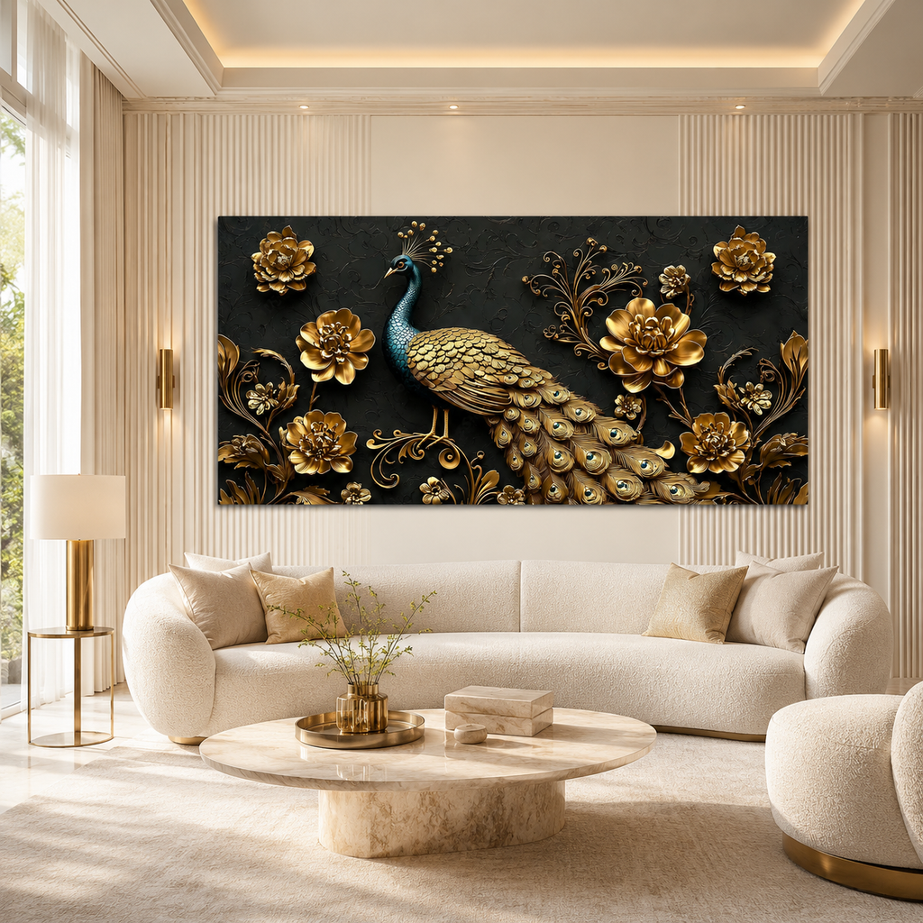 Majestic Peacock 3D Wall Painting with Gold Flowers and Feather Details for Home Decor