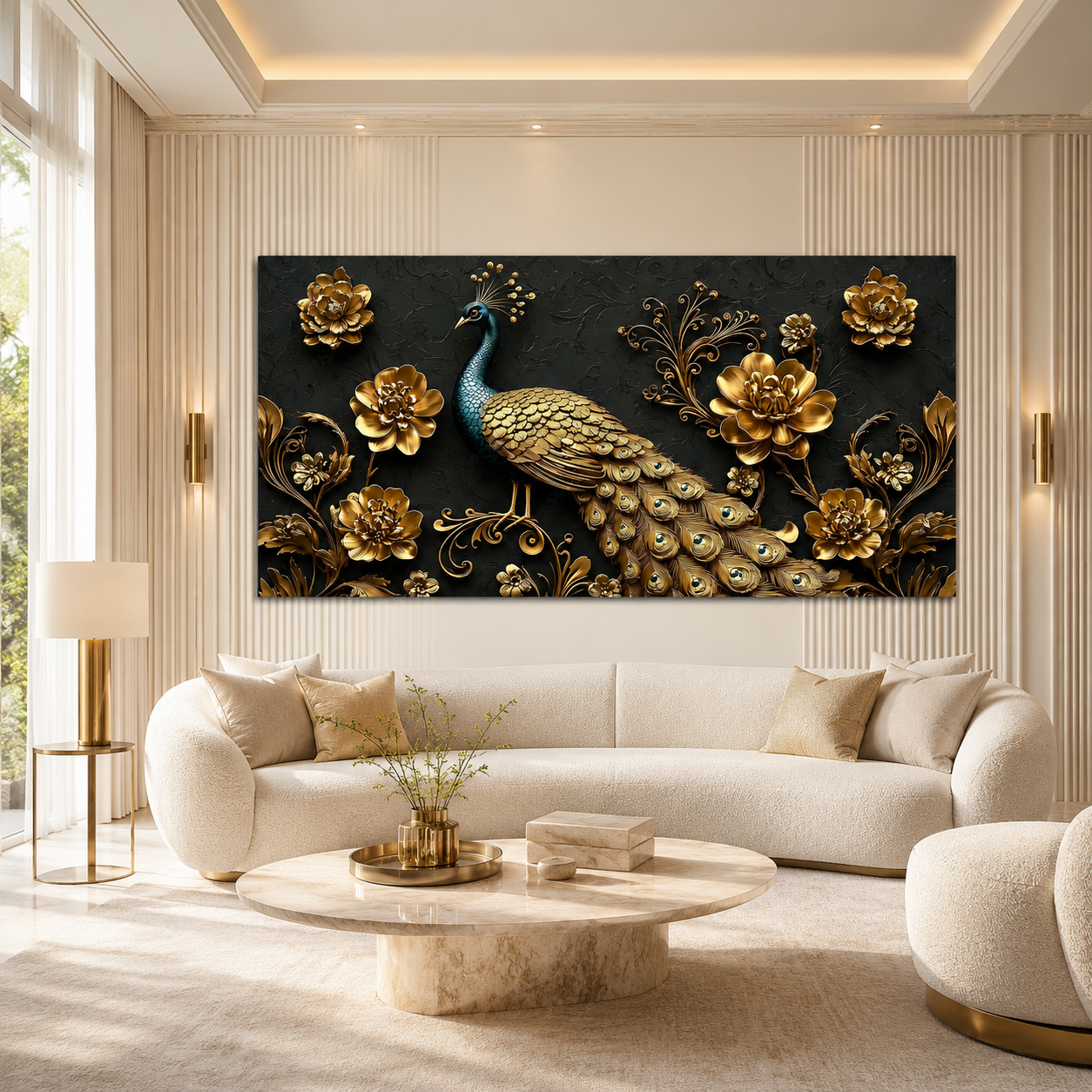 Majestic Peacock 3D Wall Painting with Gold Flowers and Feather Details for Home Decor