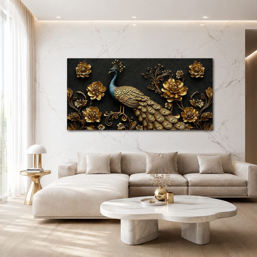 Majestic Peacock 3D Wall Painting with Gold Flowers and Feather Details for Home Decor