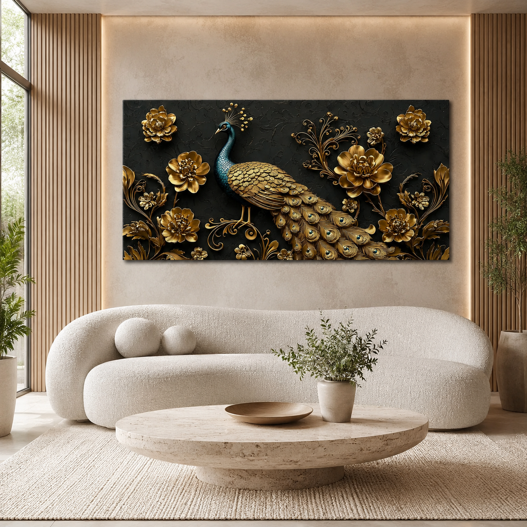Majestic Peacock 3D Wall Painting with Gold Flowers and Feather Details for Home Decor