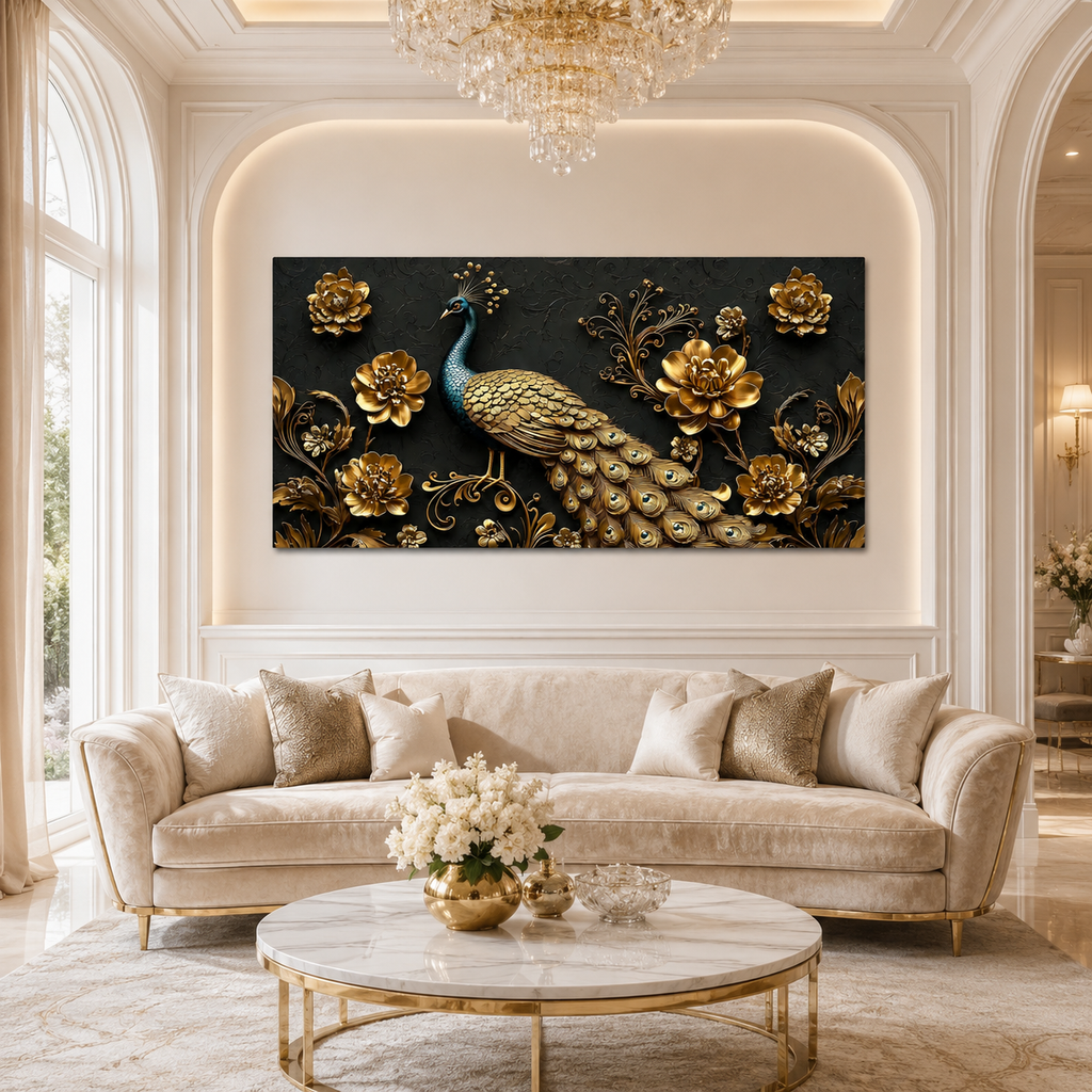 Majestic Peacock 3D Wall Painting with Gold Flowers and Feather Details for Home Decor