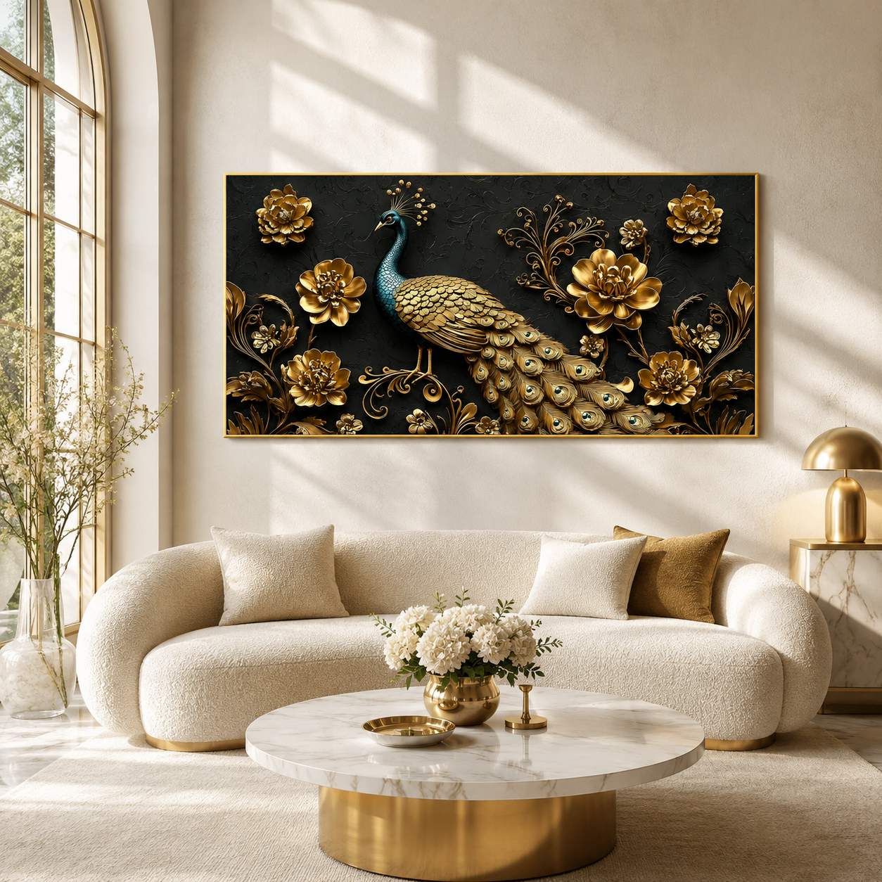 Majestic Peacock 3D Wall Painting with Gold Flowers and Feather Details for Home Decor