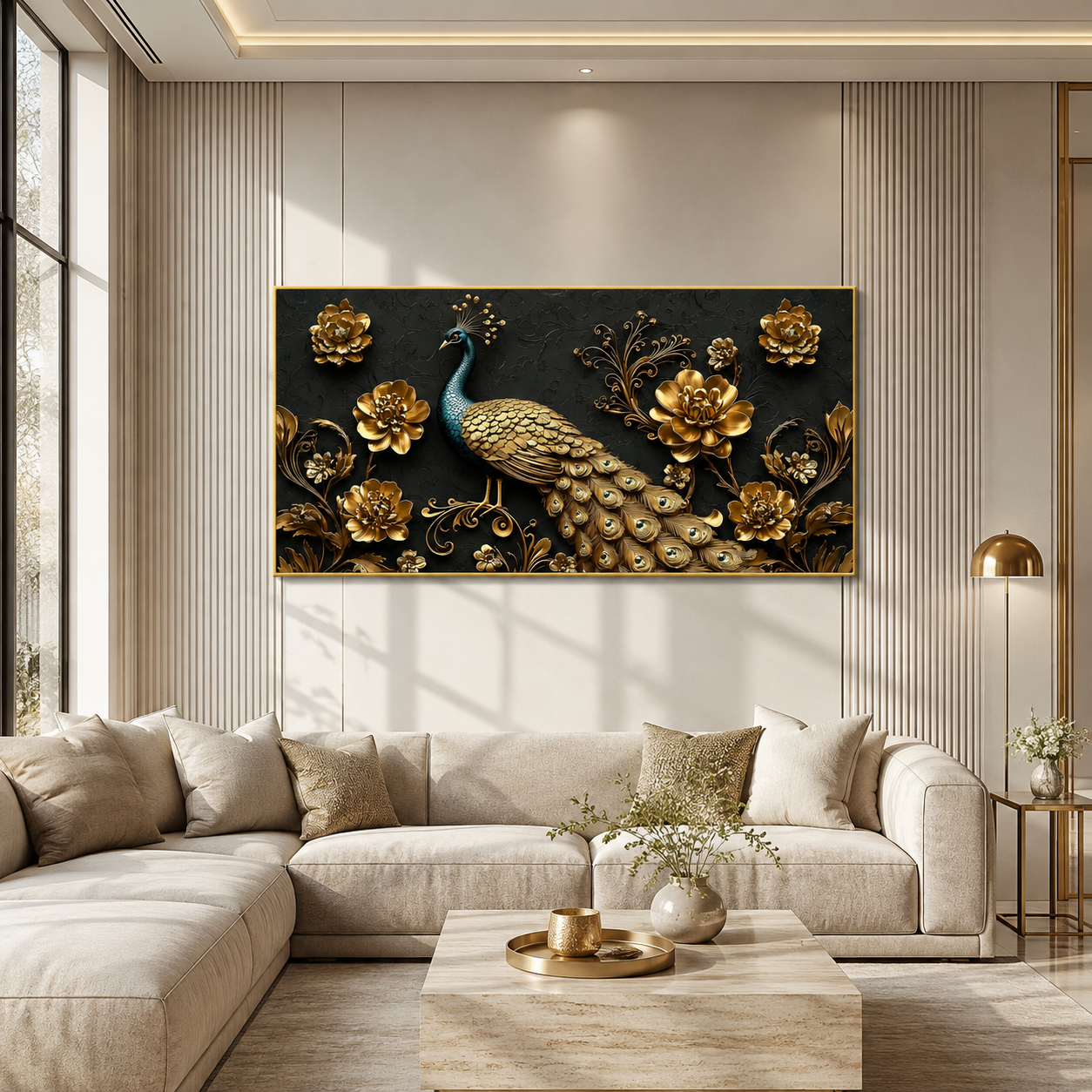 Majestic Peacock 3D Wall Painting with Gold Flowers and Feather Details for Home Decor