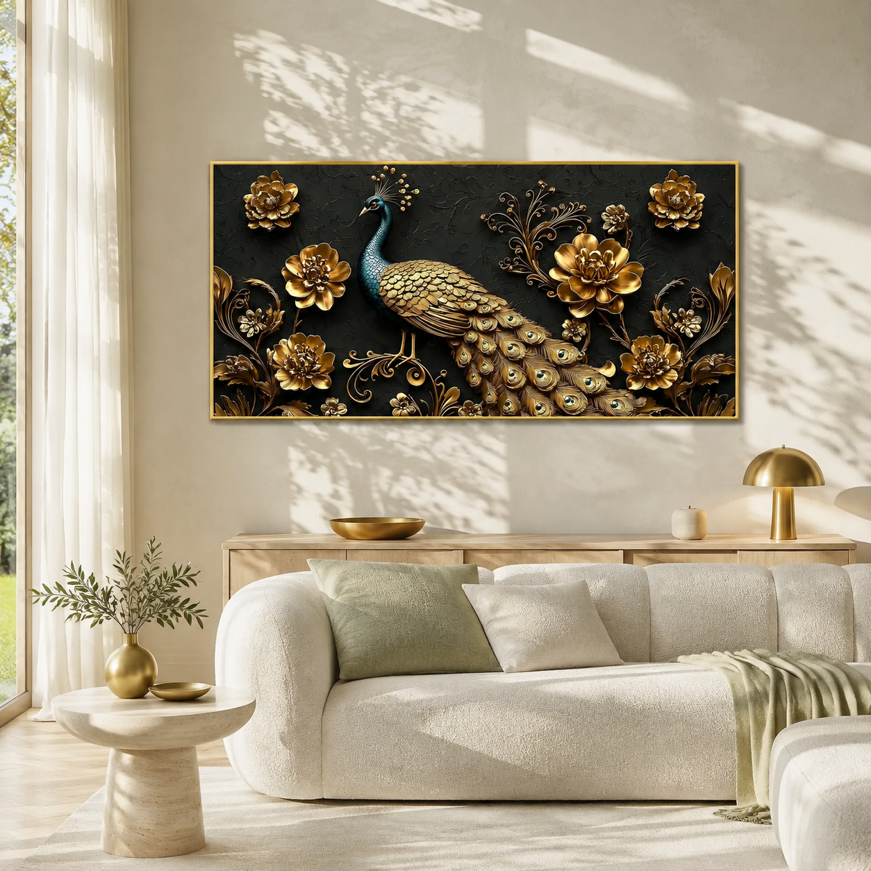 Majestic Peacock 3D Wall Painting with Gold Flowers and Feather Details for Home Decor