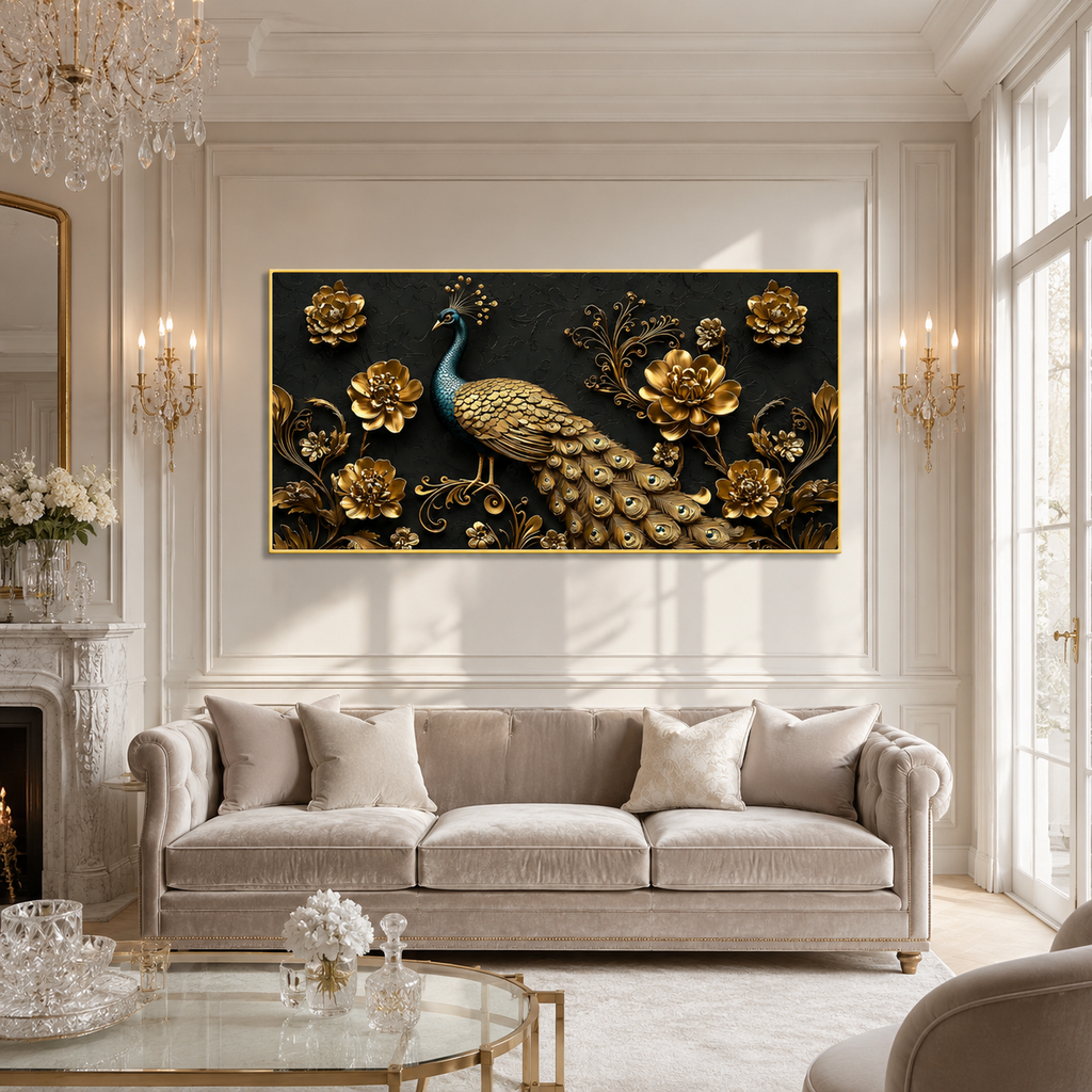 Majestic Peacock 3D Wall Painting with Gold Flowers and Feather Details for Home Decor
