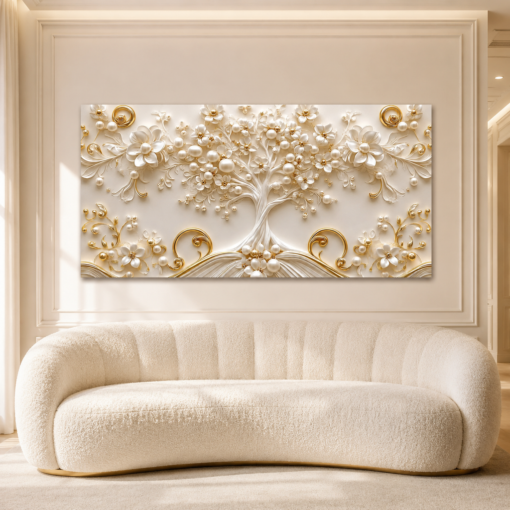 Luxury White and Gold Tree of Life 3D Wall Painting for Living Room