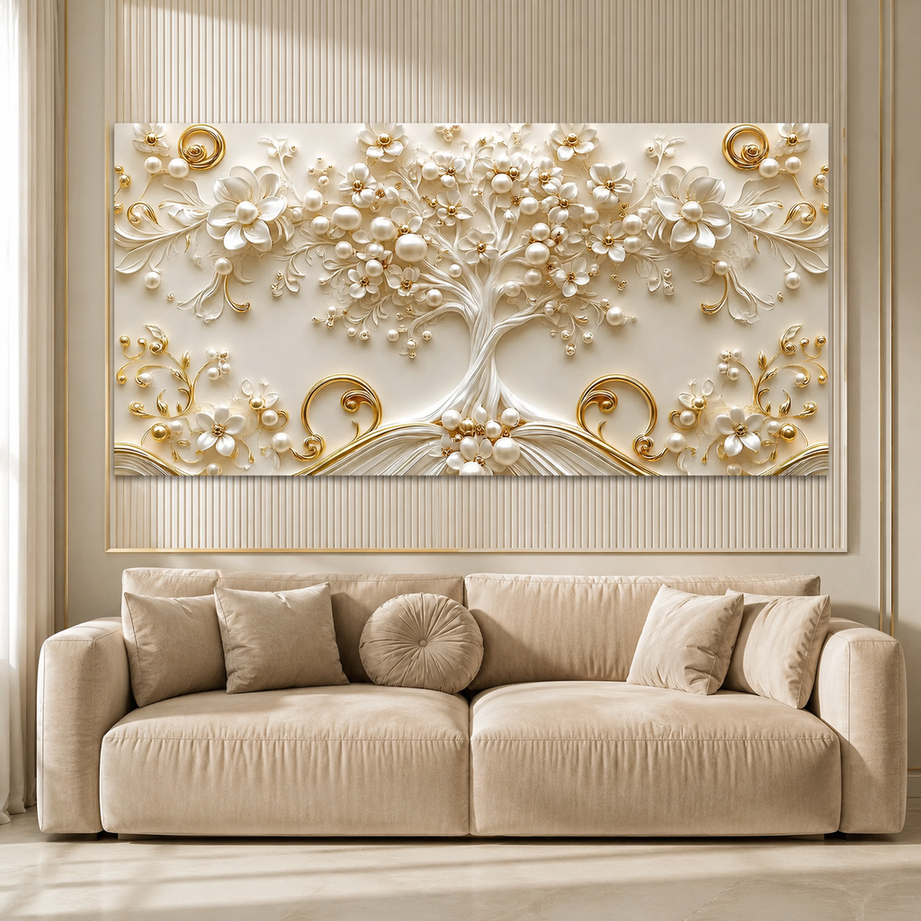 Luxury White and Gold Tree of Life 3D Wall Painting for Living Room