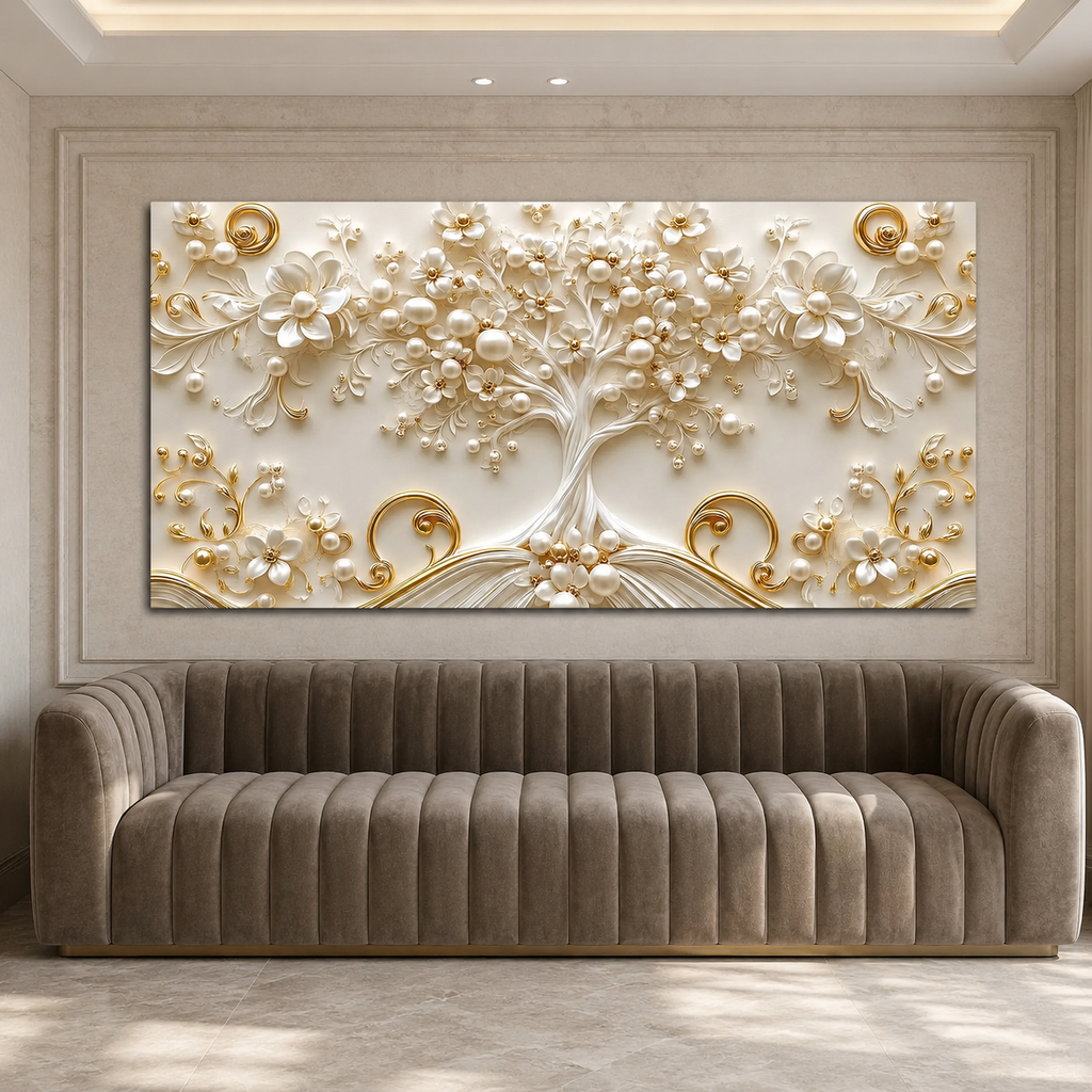 Luxury White and Gold Tree of Life 3D Wall Painting for Living Room