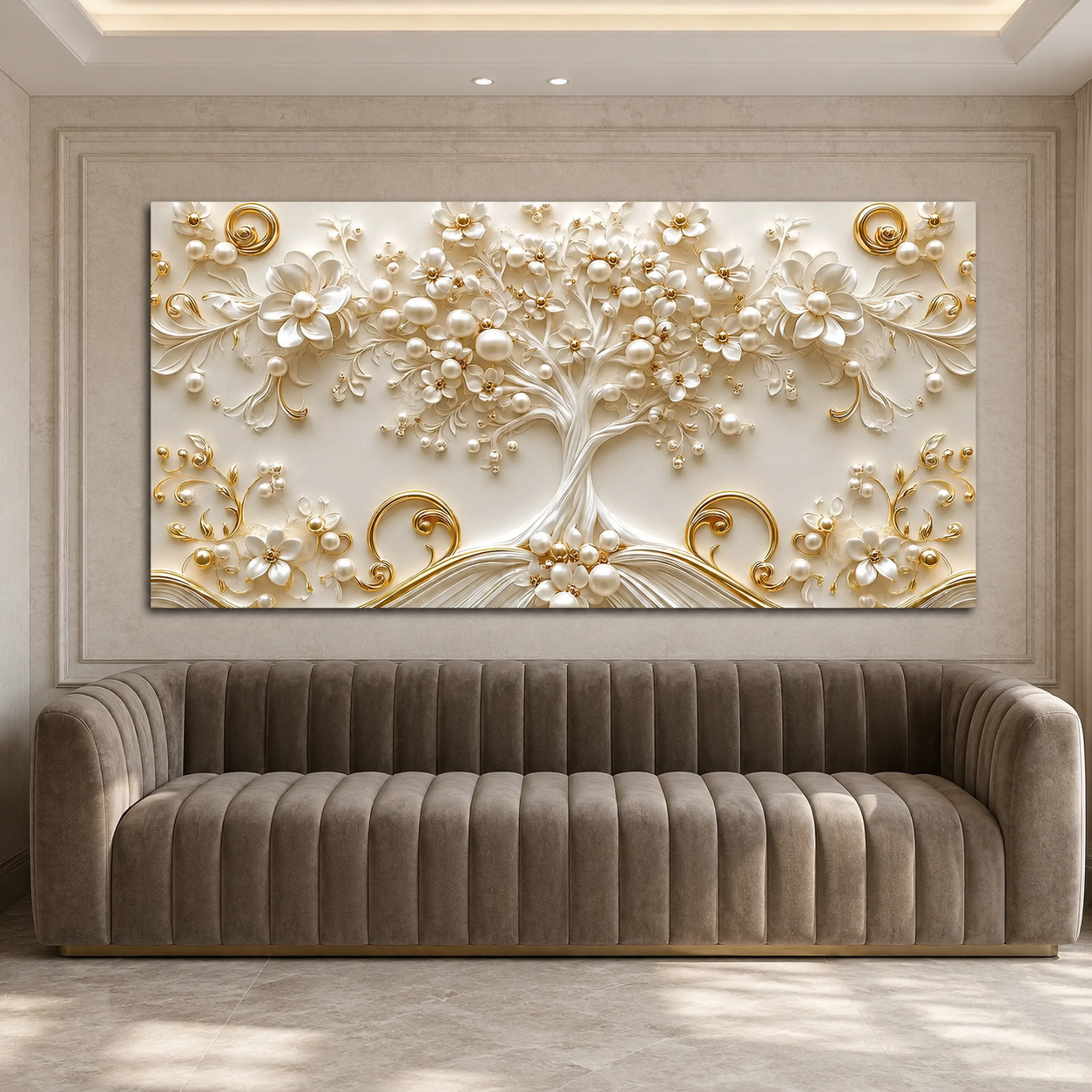 Luxury White and Gold Tree of Life 3D Wall Painting for Living Room