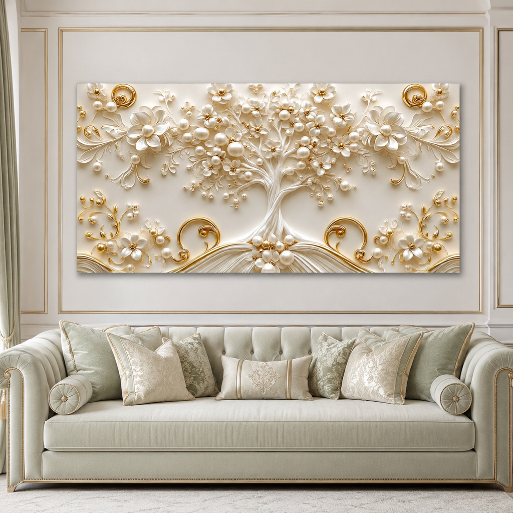 Luxury White and Gold Tree of Life 3D Wall Painting for Living Room