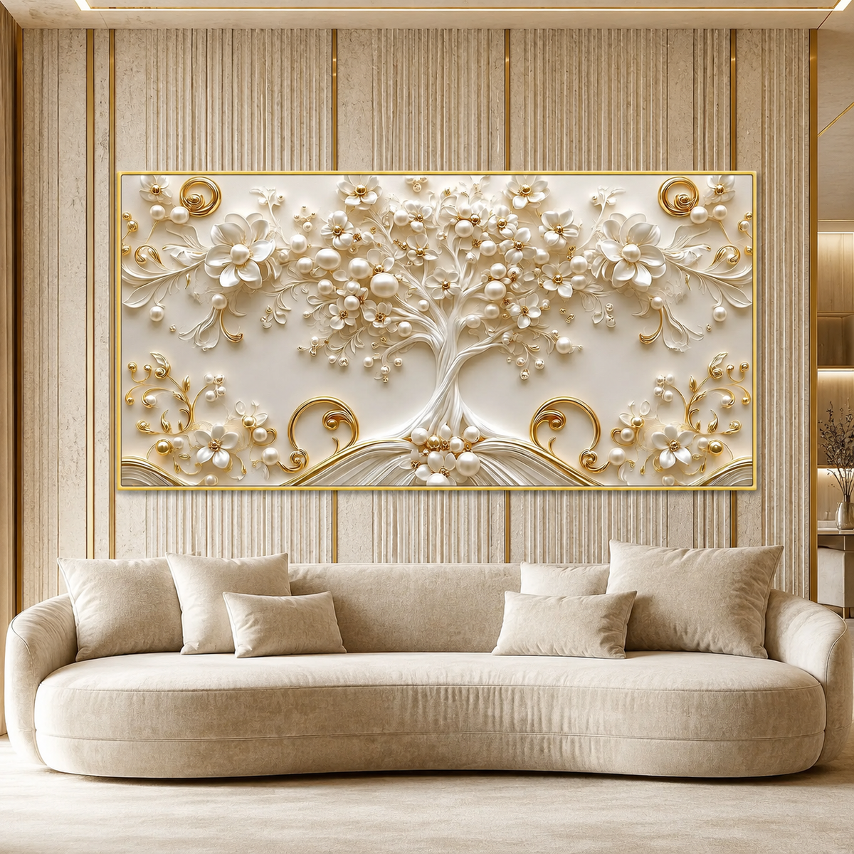 Luxury White and Gold Tree of Life 3D Wall Painting for Living Room