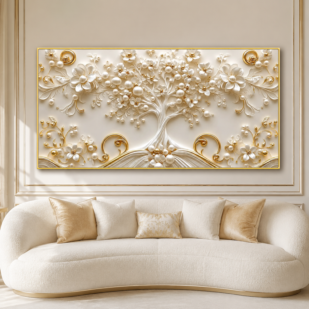 Luxury White and Gold Tree of Life 3D Wall Painting for Living Room