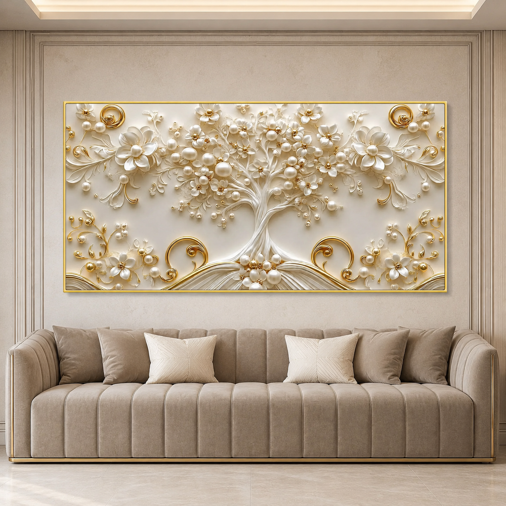 Luxury White and Gold Tree of Life 3D Wall Painting for Living Room
