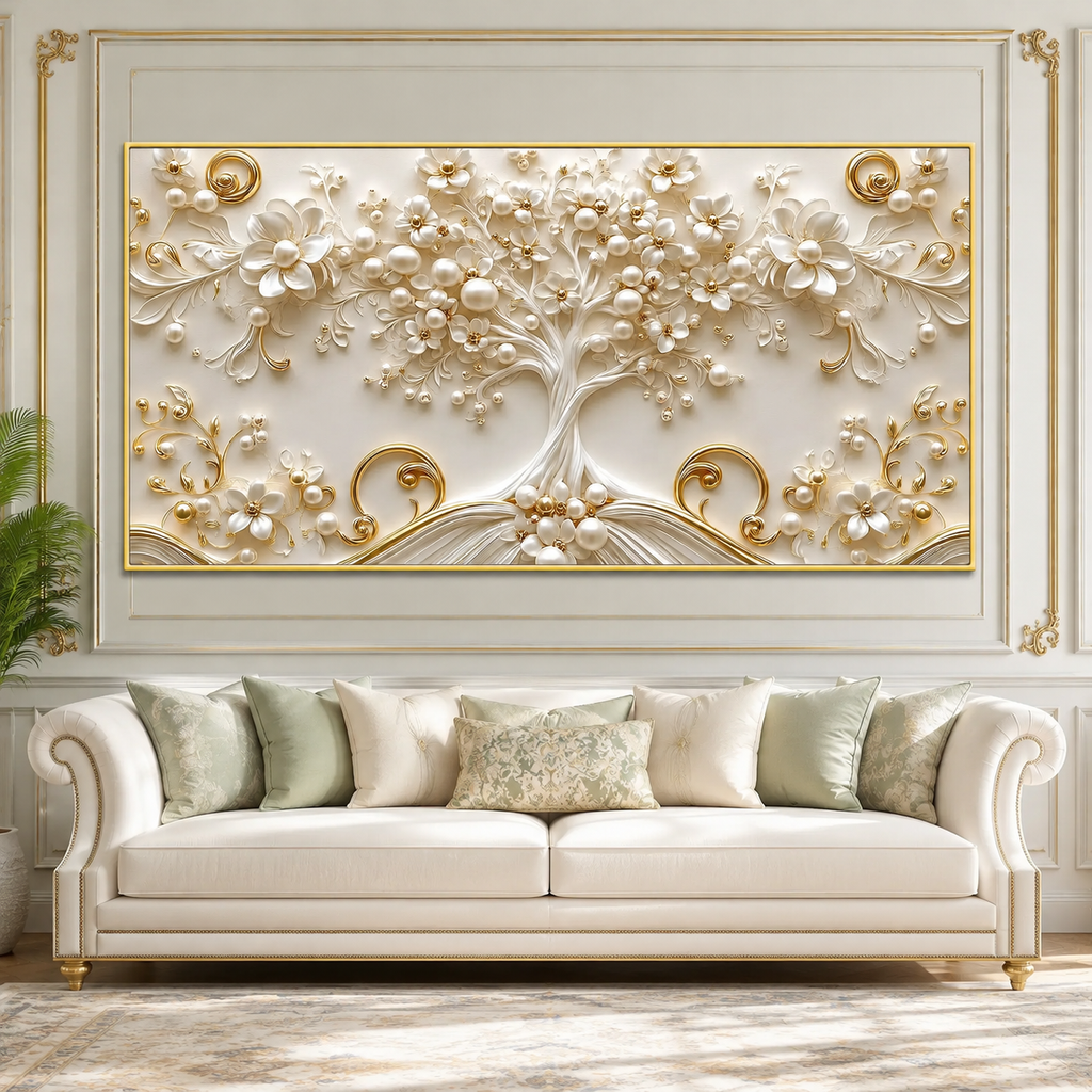 Luxury White and Gold Tree of Life 3D Wall Painting for Living Room