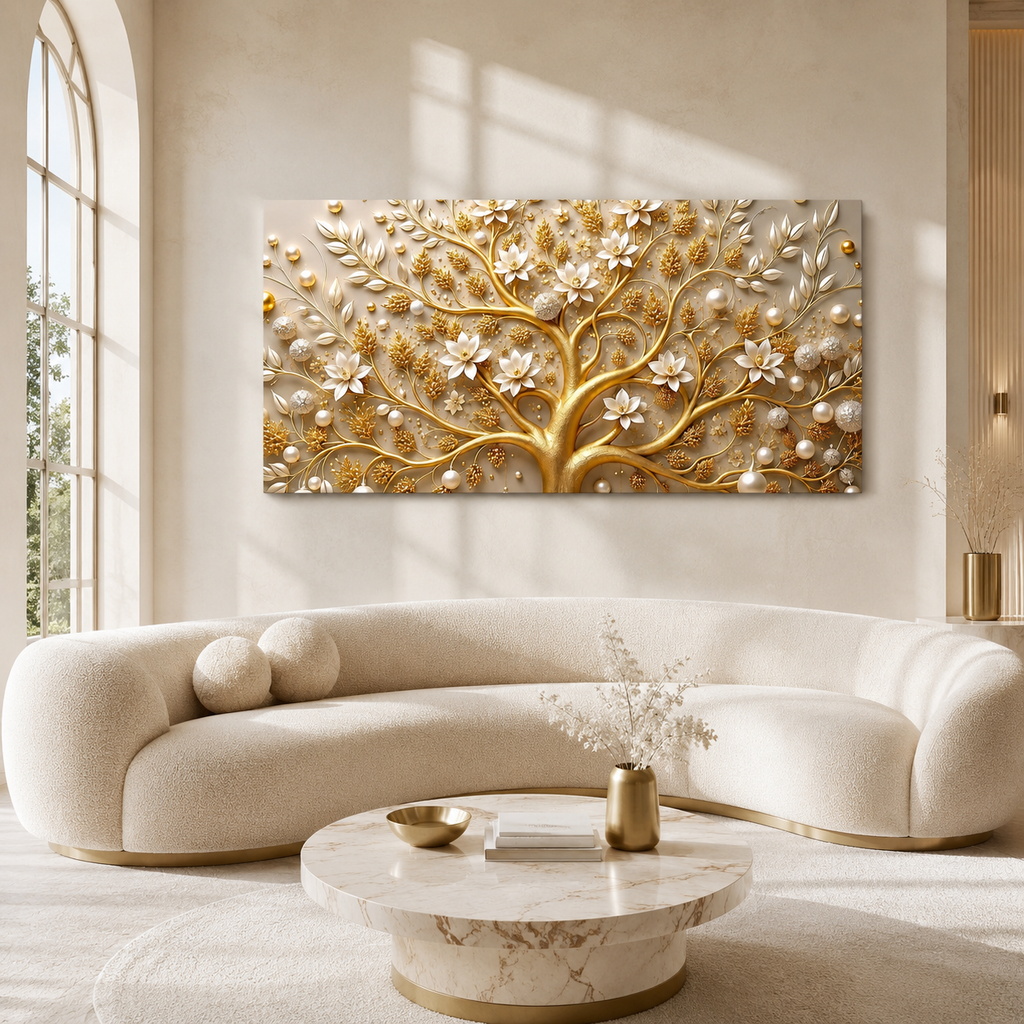 Royal Tree of Life 3D Painting with Golden Branches and White Floral Luxury Design