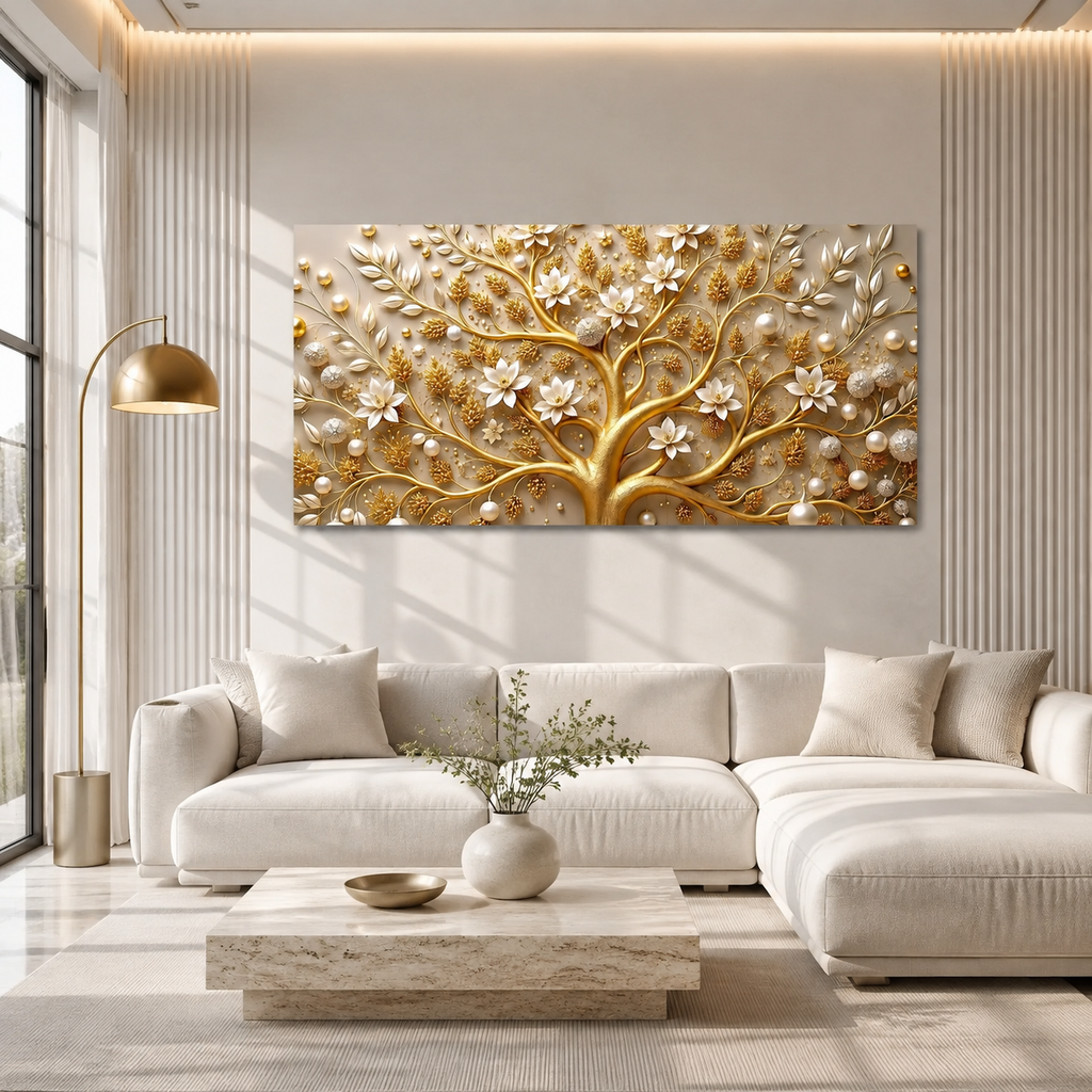 Royal Tree of Life 3D Painting with Golden Branches and White Floral Luxury Design