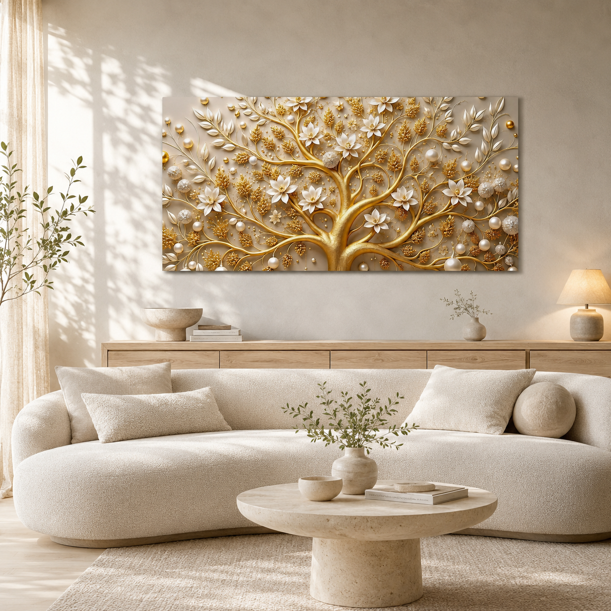 Royal Tree of Life 3D Painting with Golden Branches and White Floral Luxury Design