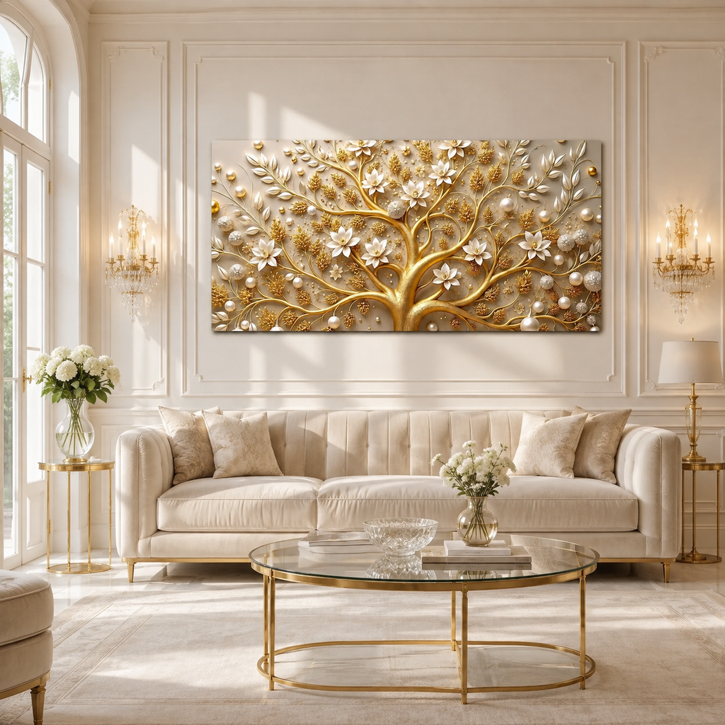 Royal Tree of Life 3D Painting with Golden Branches and White Floral Luxury Design