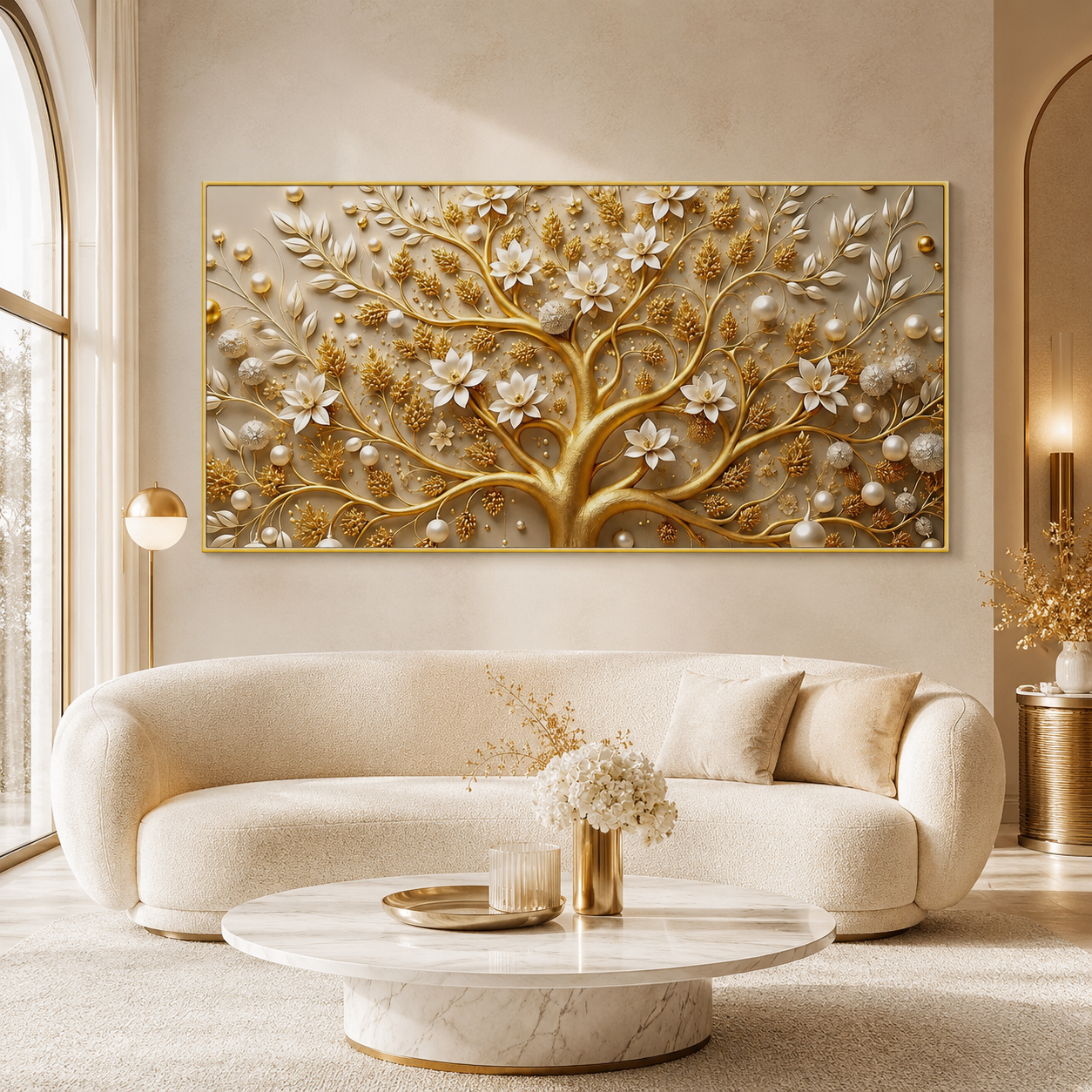 Royal Tree of Life 3D Painting with Golden Branches and White Floral Luxury Design