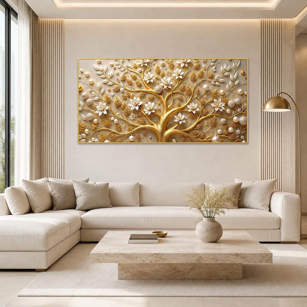 Royal Tree of Life 3D Painting with Golden Branches and White Floral Luxury Design