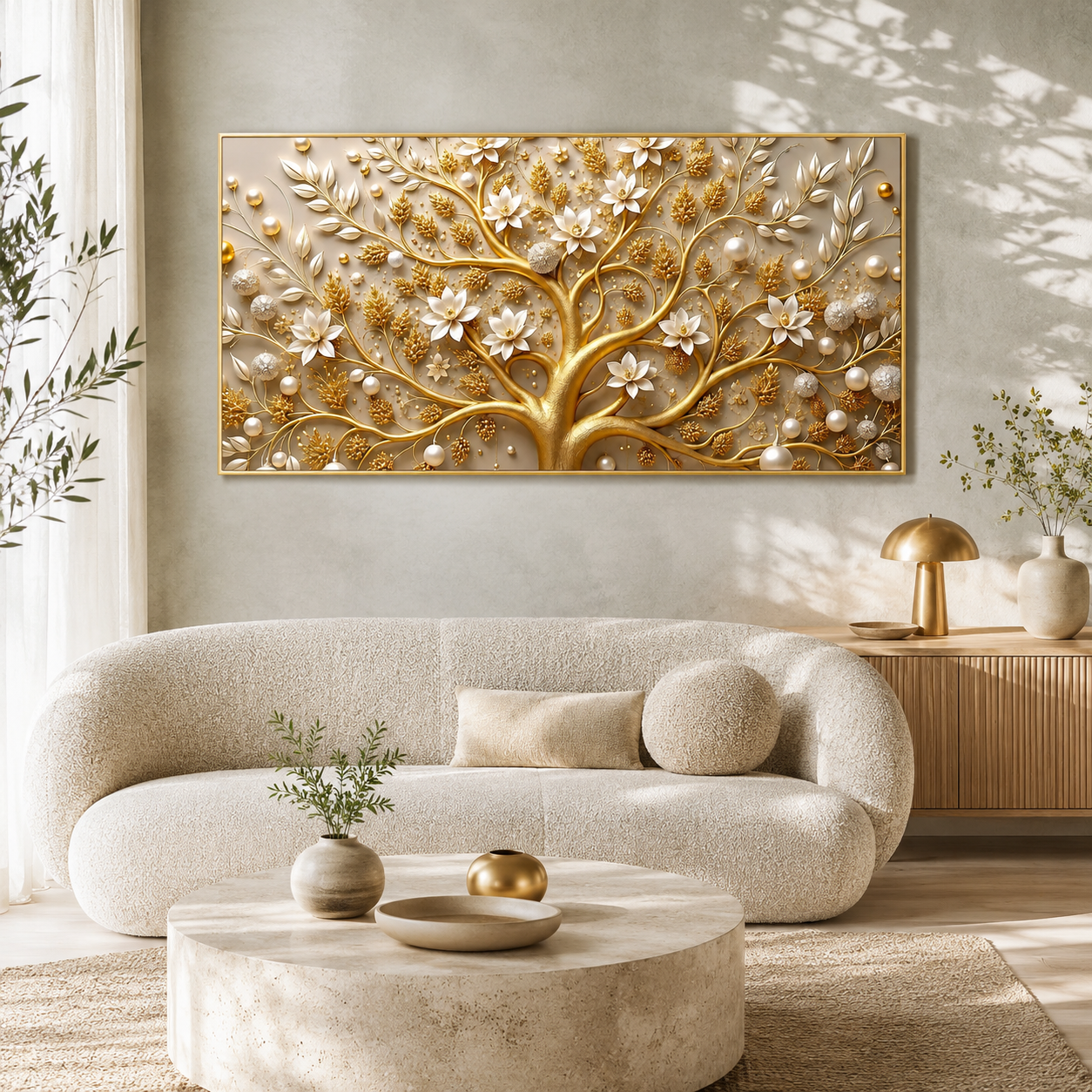 Royal Tree of Life 3D Painting with Golden Branches and White Floral Luxury Design