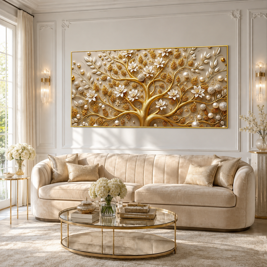 Royal Tree of Life 3D Painting with Golden Branches and White Floral Luxury Design