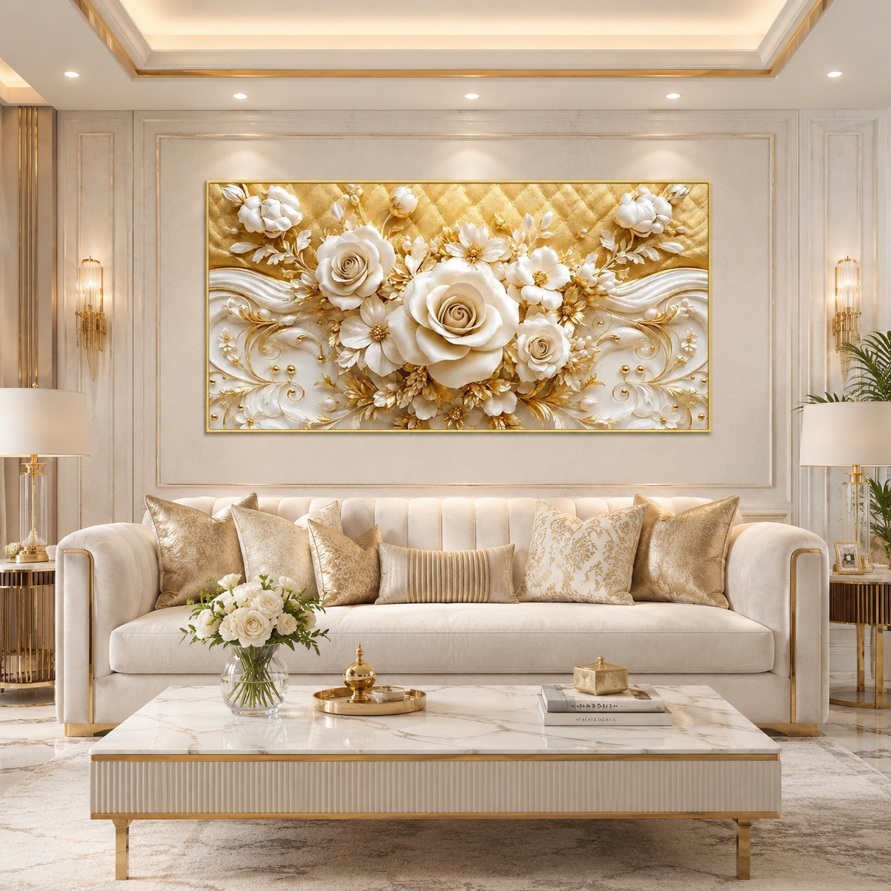 Elegant 3D White Rose Wall Painting with Gold Embellishments, Floral Texture and Sophisticated home Decor