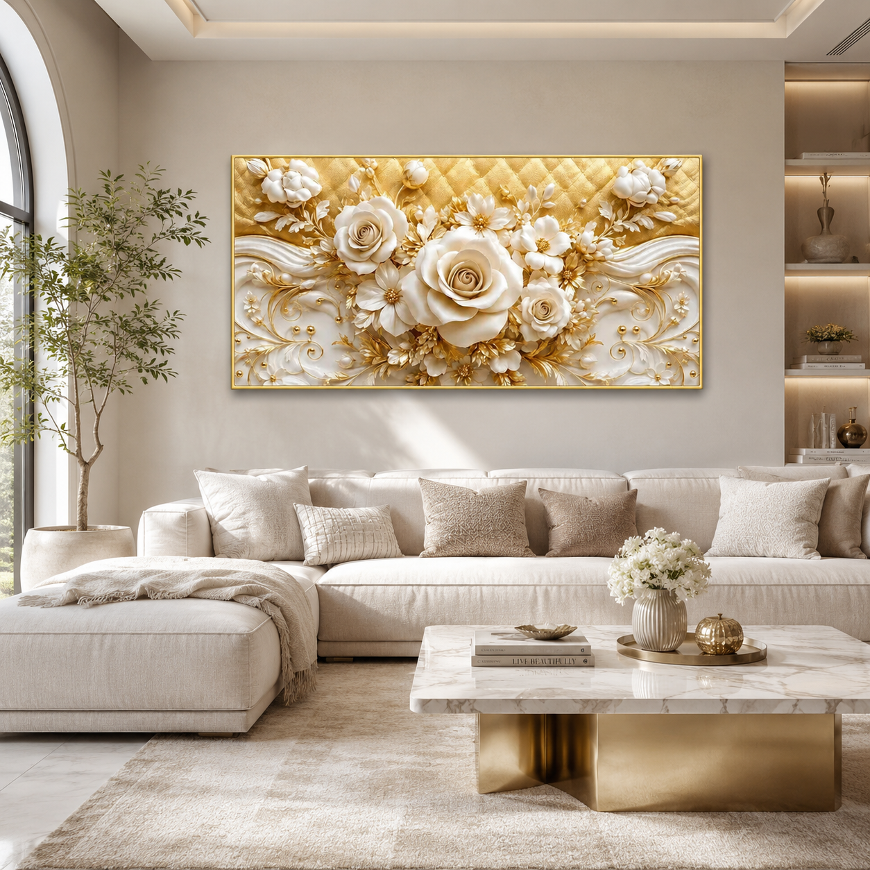 Elegant 3D White Rose Wall Painting with Gold Embellishments, Floral Texture and Sophisticated home Decor