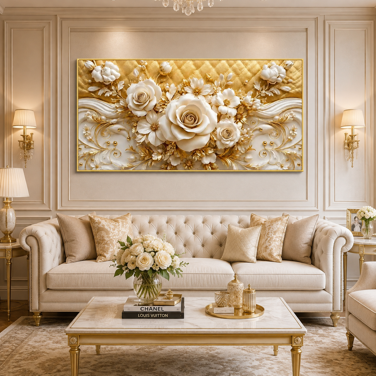 Elegant 3D White Rose Wall Painting with Gold Embellishments, Floral Texture and Sophisticated home Decor