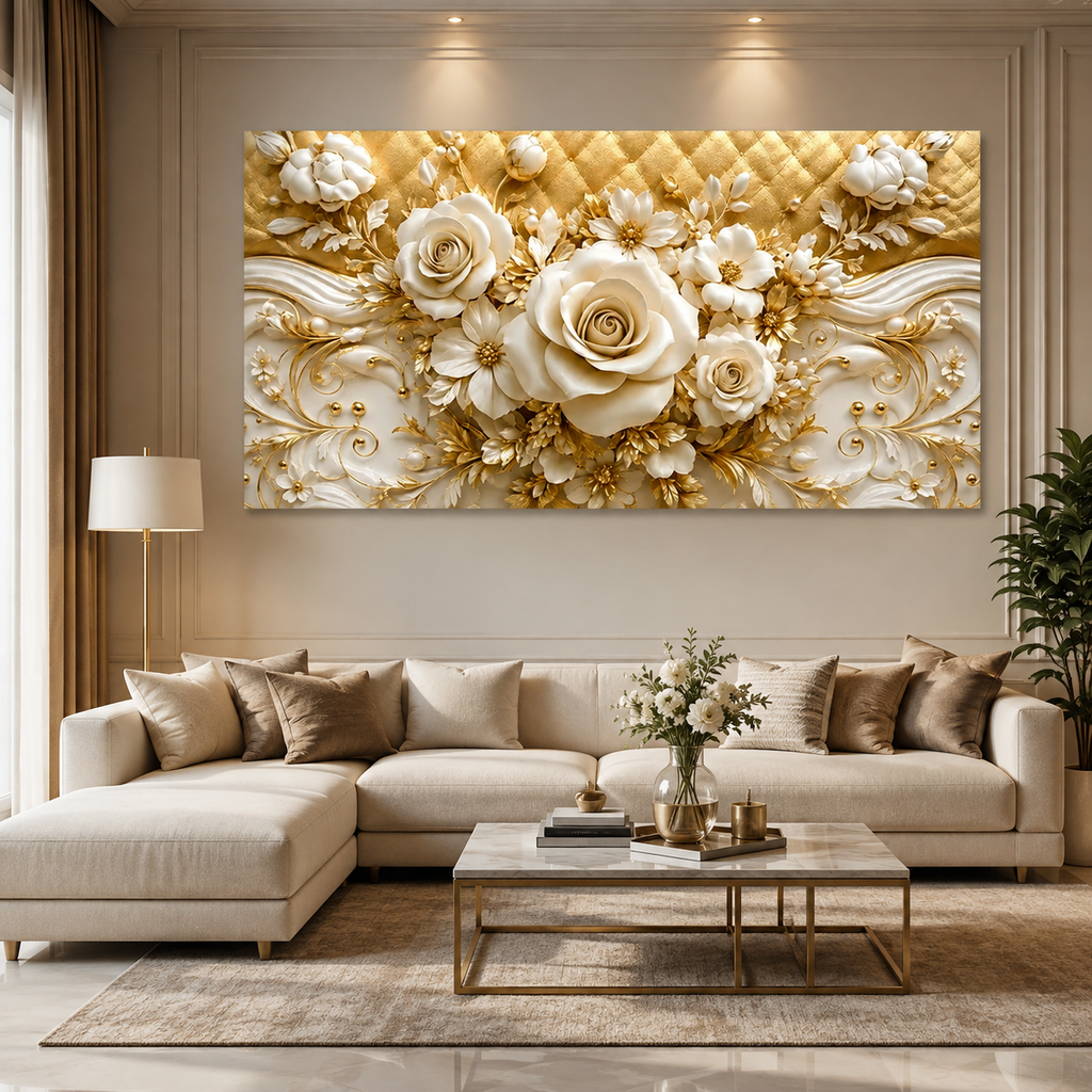 Elegant 3D White Rose Wall Painting with Gold Embellishments, Floral Texture and Sophisticated home Decor