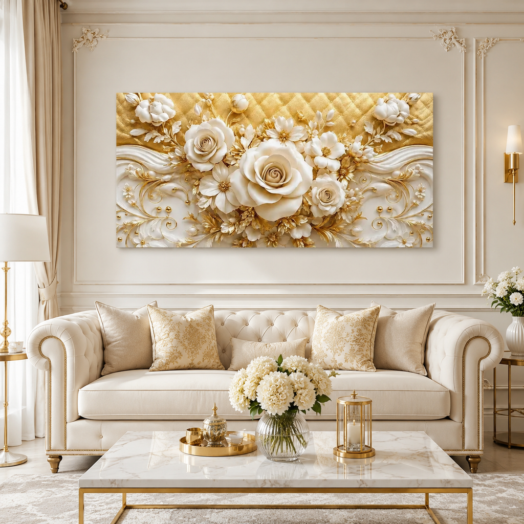 Elegant 3D White Rose Wall Painting with Gold Embellishments, Floral Texture and Sophisticated home Decor