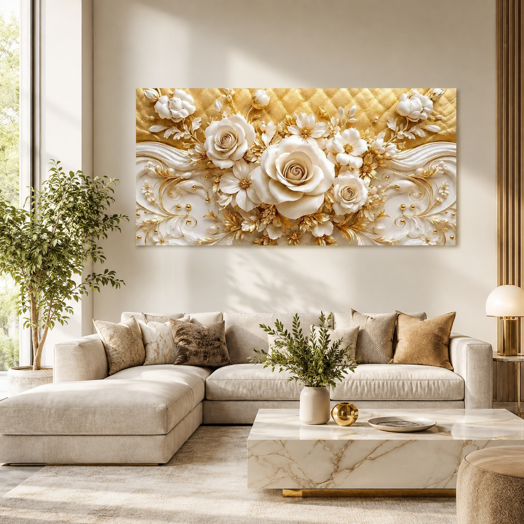 Elegant 3D White Rose Wall Painting with Gold Embellishments, Floral Texture and Sophisticated home Decor