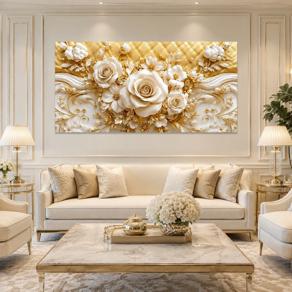 Elegant 3D White Rose Wall Painting with Gold Embellishments, Floral Texture and Sophisticated home Decor