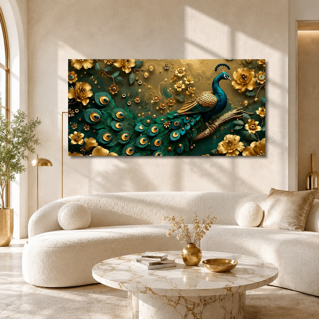 Royal Peacock 3D Wall Art with Teal Feathers Golden Flowers and Luxury Decor