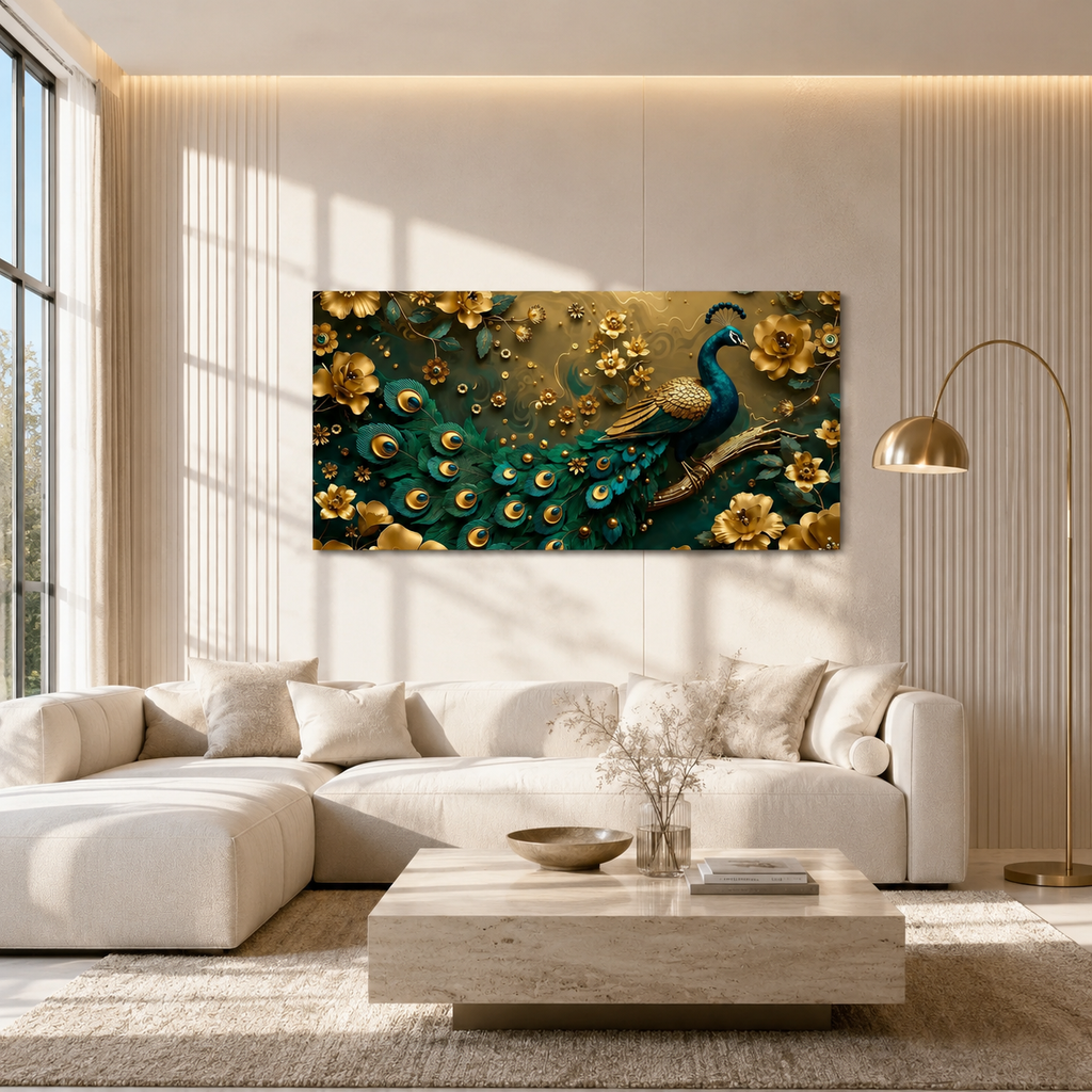Royal Peacock 3D Wall Art with Teal Feathers Golden Flowers and Luxury Decor
