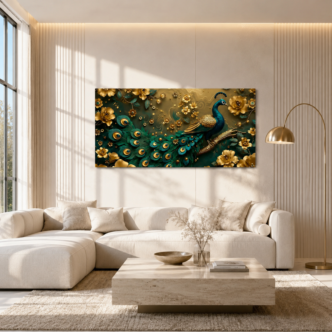 Royal Peacock 3D Wall Art with Teal Feathers Golden Flowers and Luxury Decor