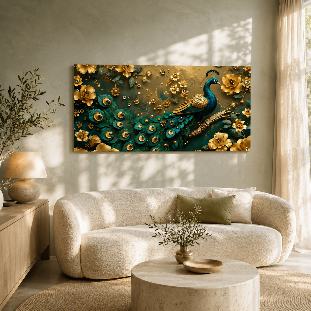Royal Peacock 3D Wall Art with Teal Feathers Golden Flowers and Luxury Decor