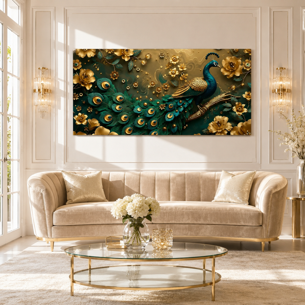 Royal Peacock 3D Wall Art with Teal Feathers Golden Flowers and Luxury Decor