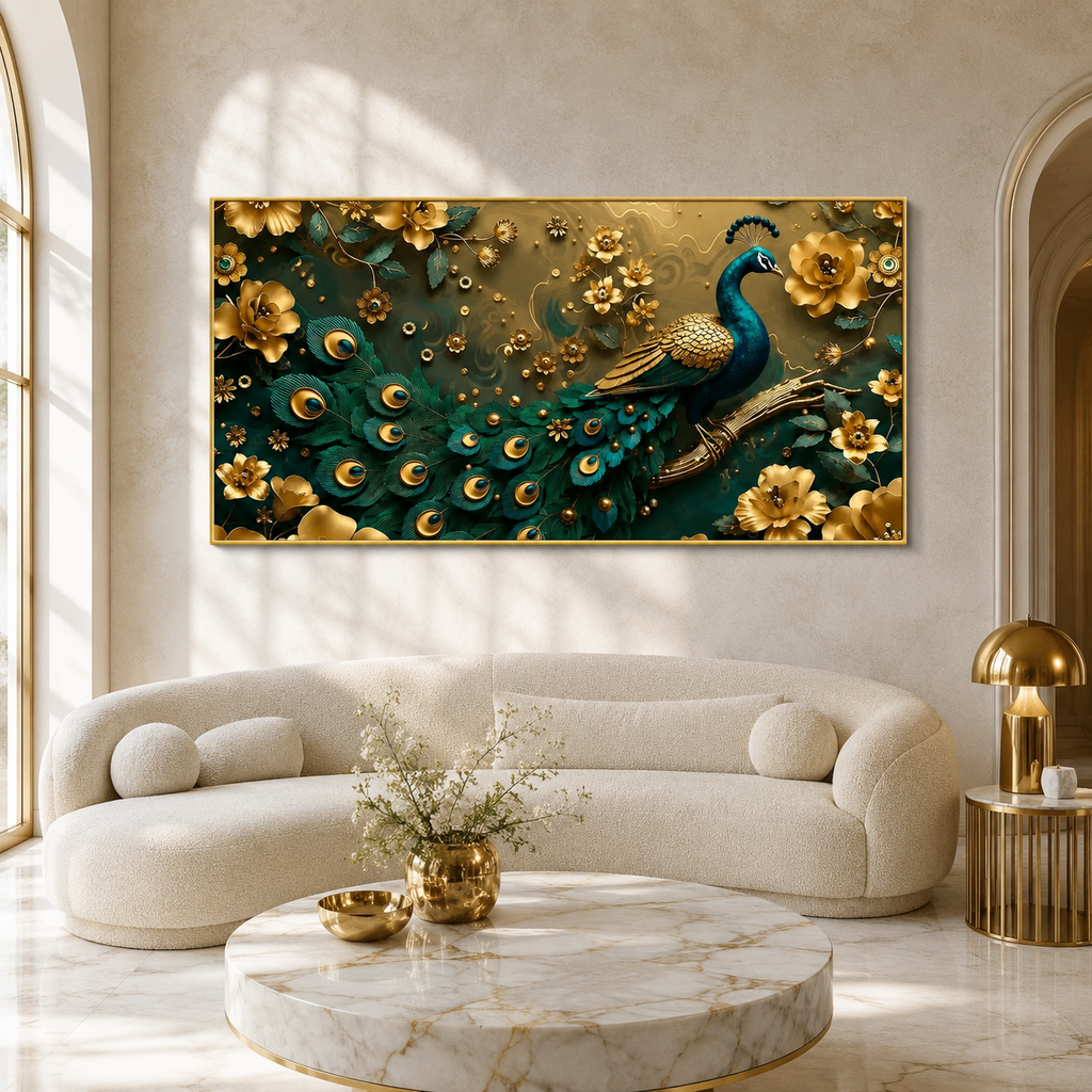 Royal Peacock 3D Wall Art with Teal Feathers Golden Flowers and Luxury Decor