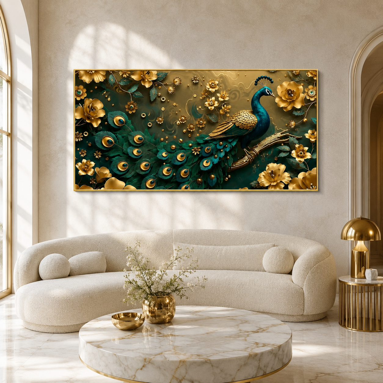 Royal Peacock 3D Wall Art with Teal Feathers Golden Flowers and Luxury Decor