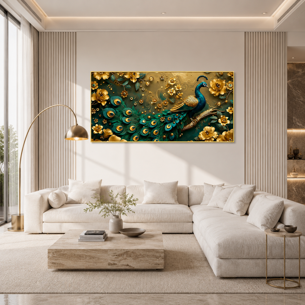 Royal Peacock 3D Wall Art with Teal Feathers Golden Flowers and Luxury Decor