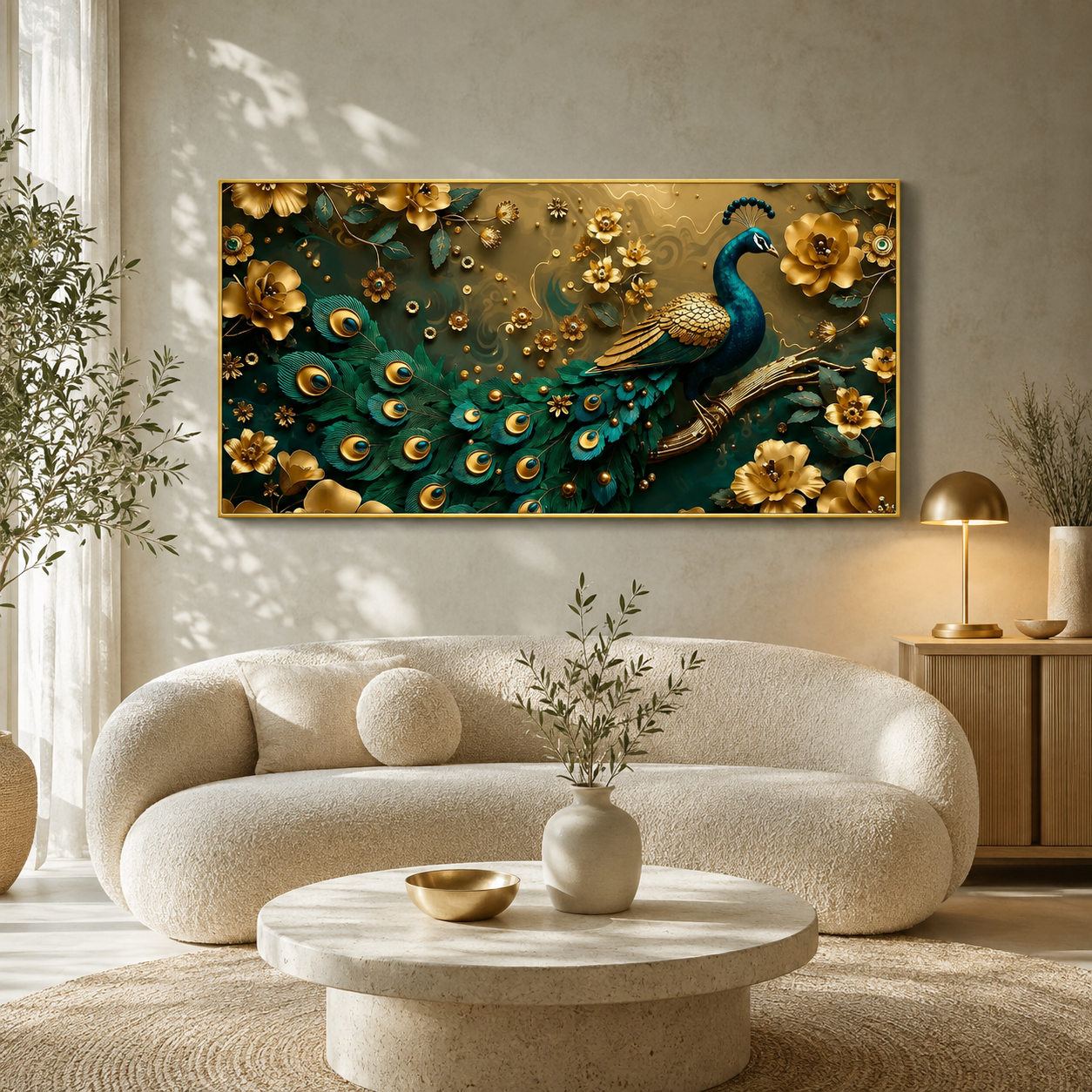 Royal Peacock 3D Wall Art with Teal Feathers Golden Flowers and Luxury Decor