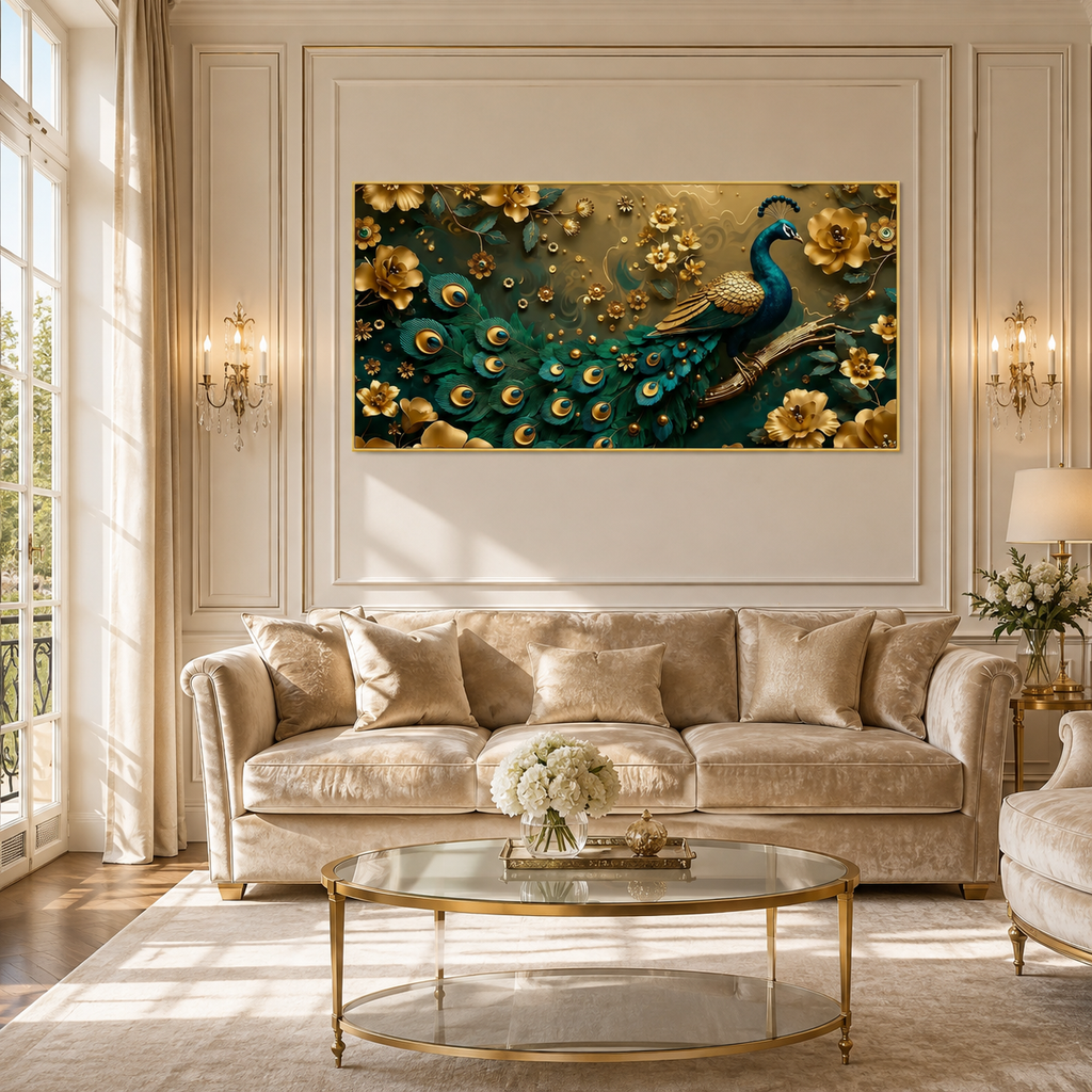 Royal Peacock 3D Wall Art with Teal Feathers Golden Flowers and Luxury Decor