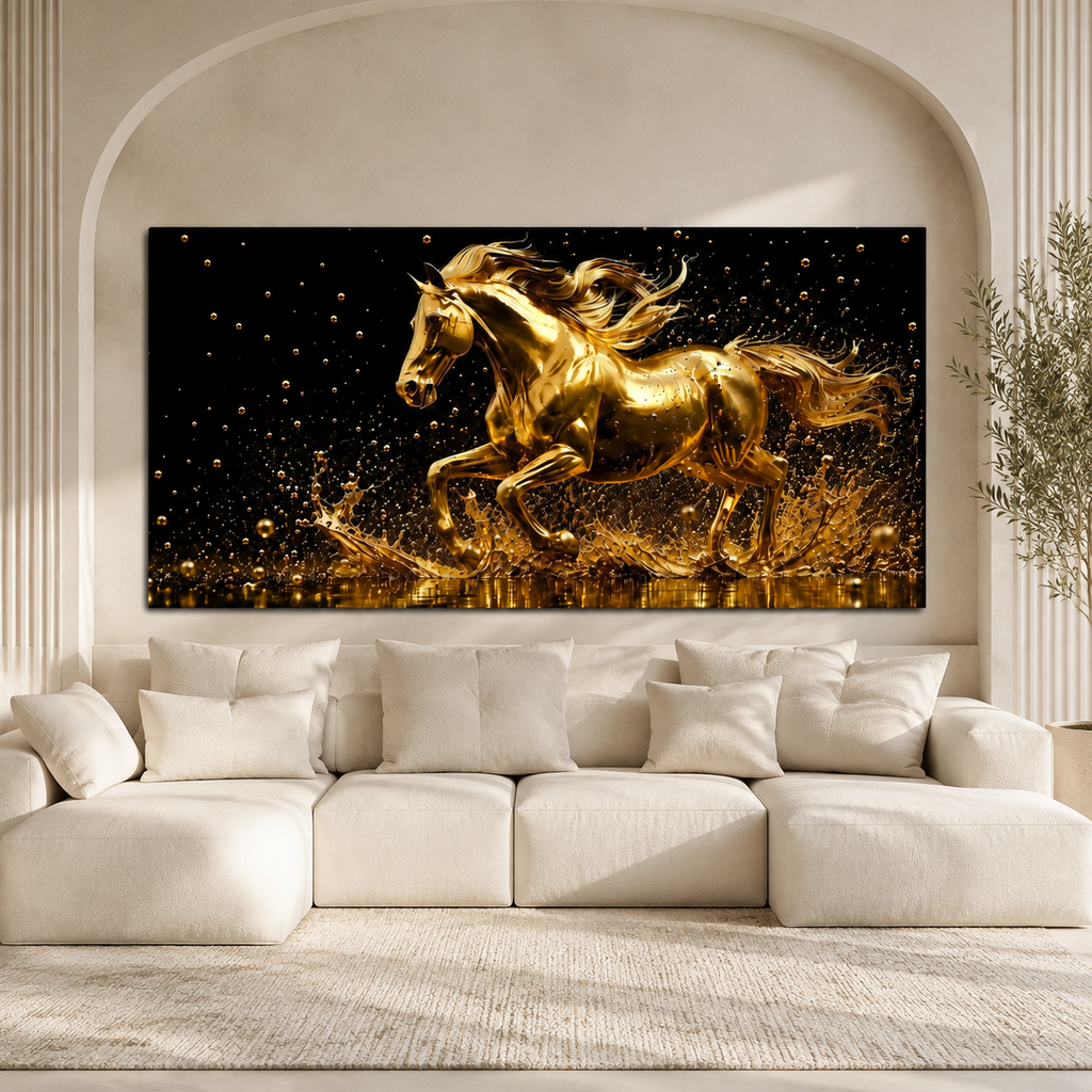 Golden Galloping Horse 3D Wall Painting Premium Luxury Living Room Decor
