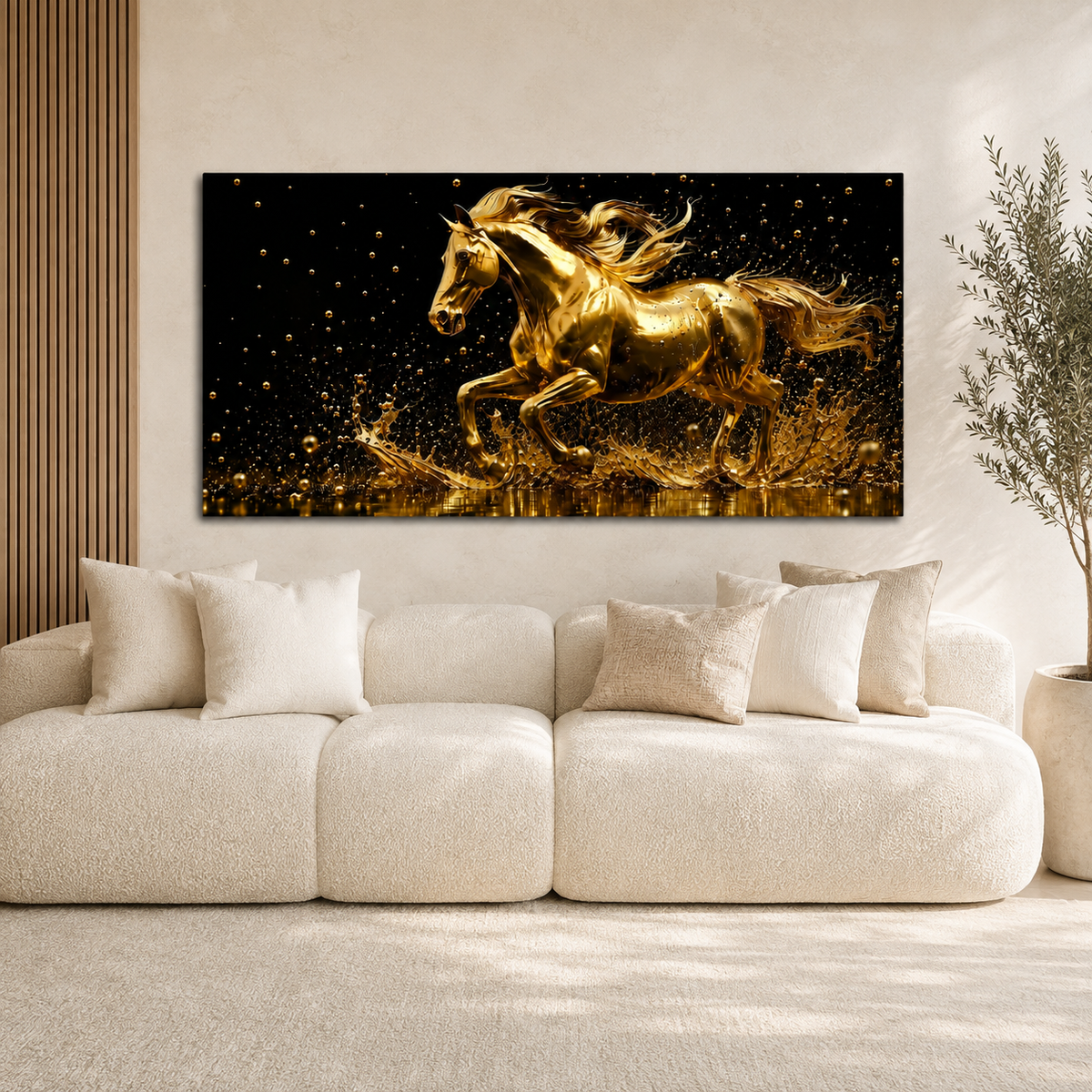 Golden Galloping Horse 3D Wall Painting Premium Luxury Living Room Decor