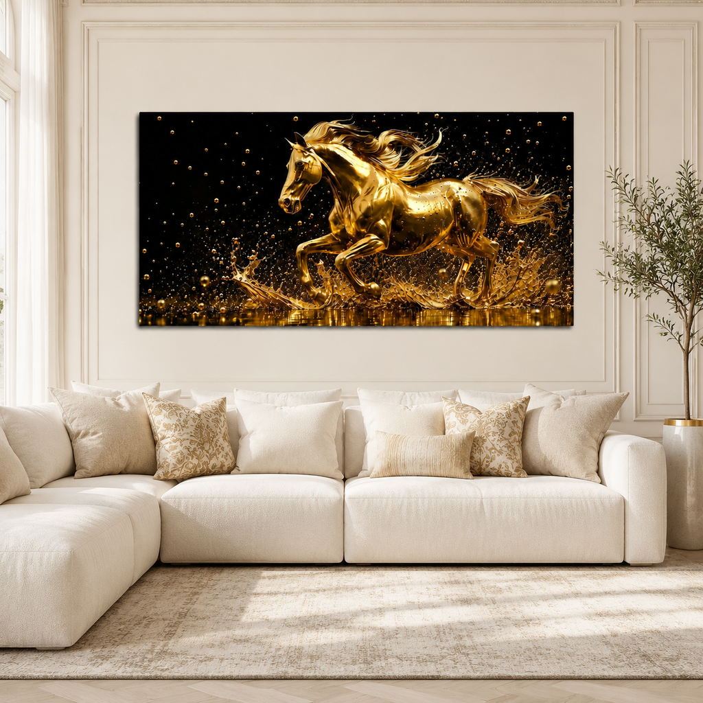 Golden Galloping Horse 3D Wall Painting Premium Luxury Living Room Decor