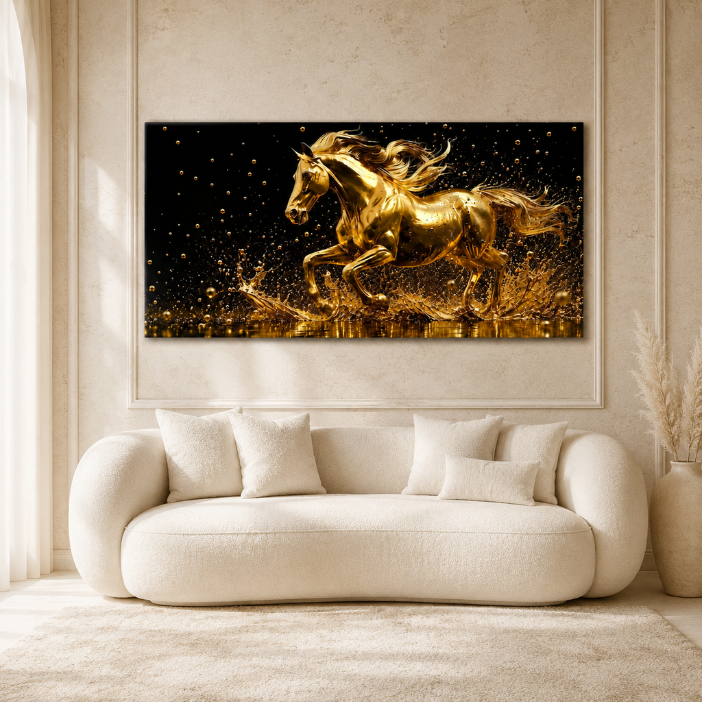 Golden Galloping Horse 3D Wall Painting Premium Luxury Living Room Decor