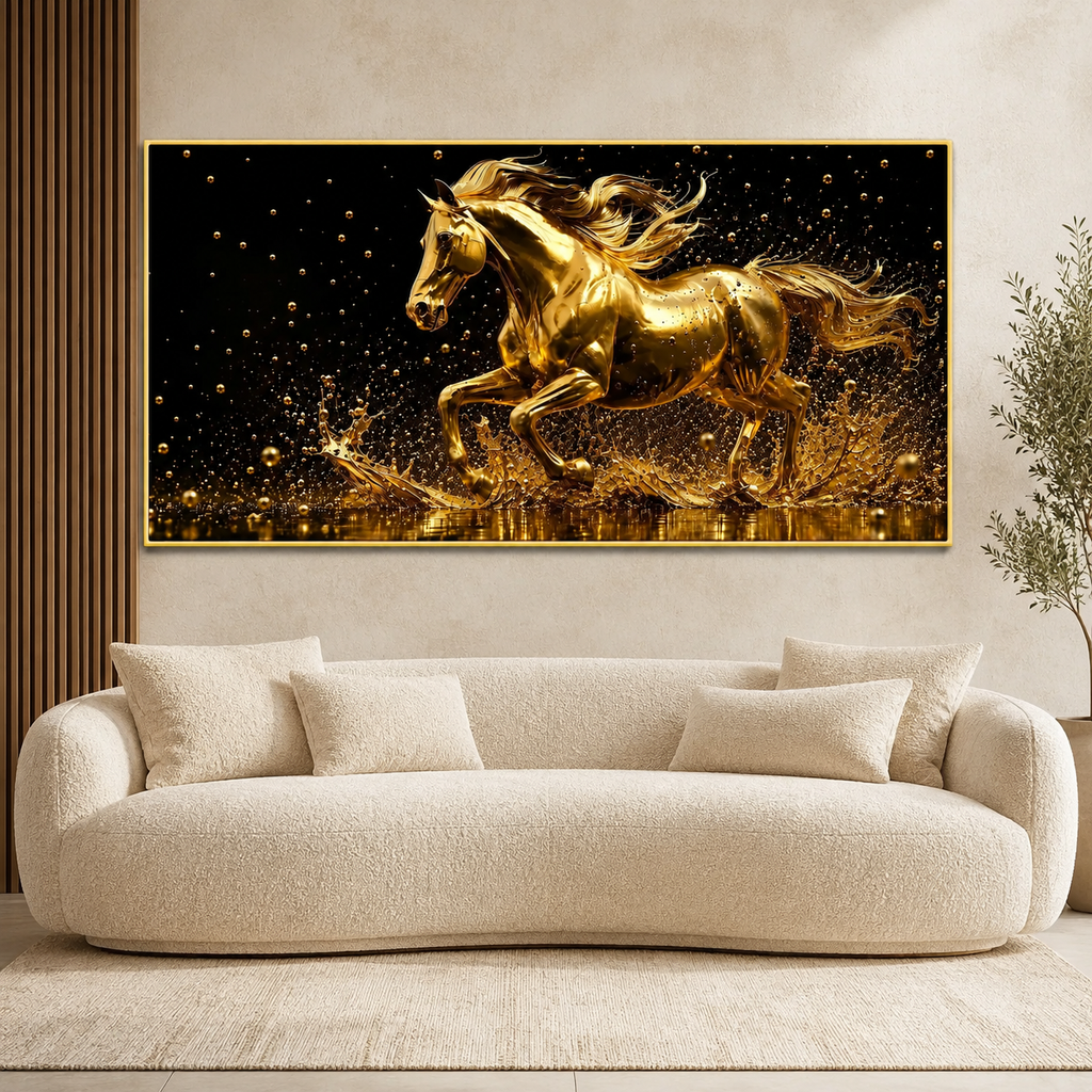Golden Galloping Horse 3D Wall Painting Premium Luxury Living Room Decor
