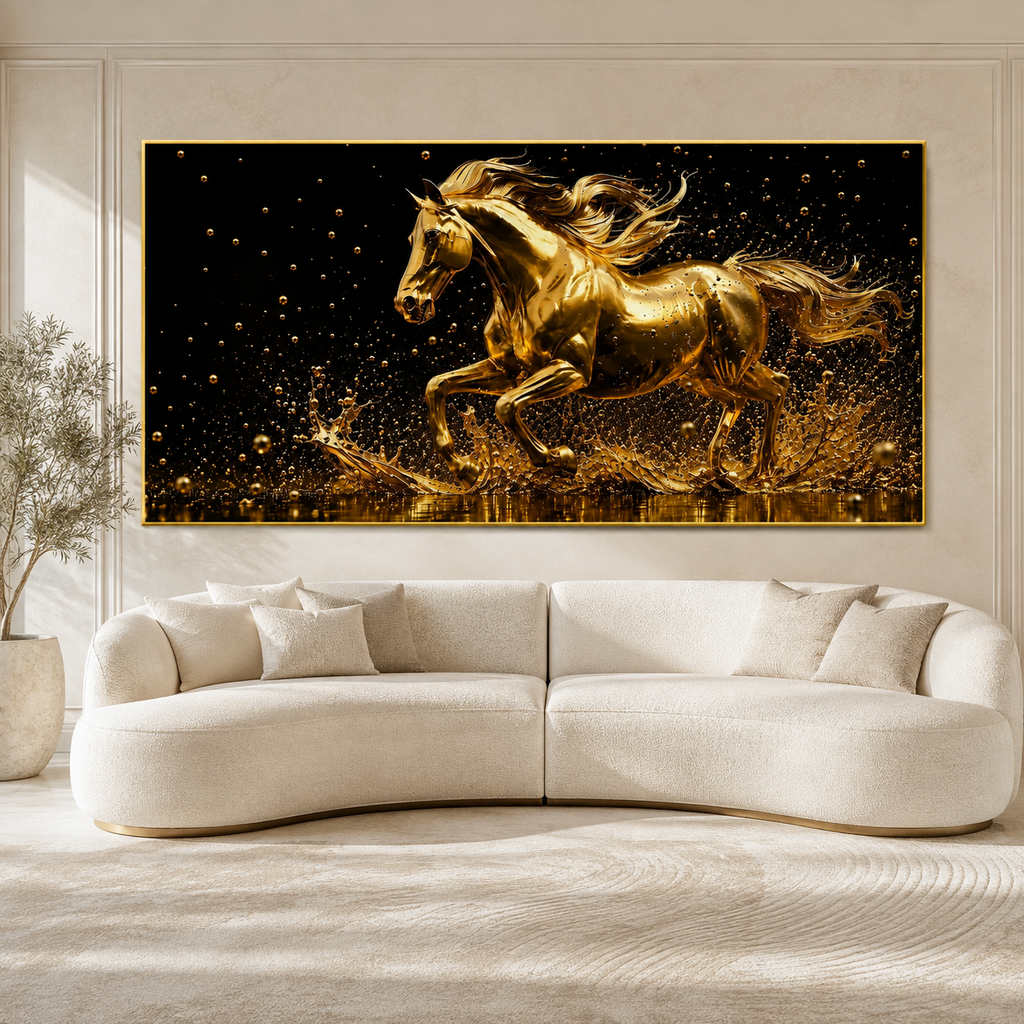 Golden Galloping Horse 3D Wall Painting Premium Luxury Living Room Decor