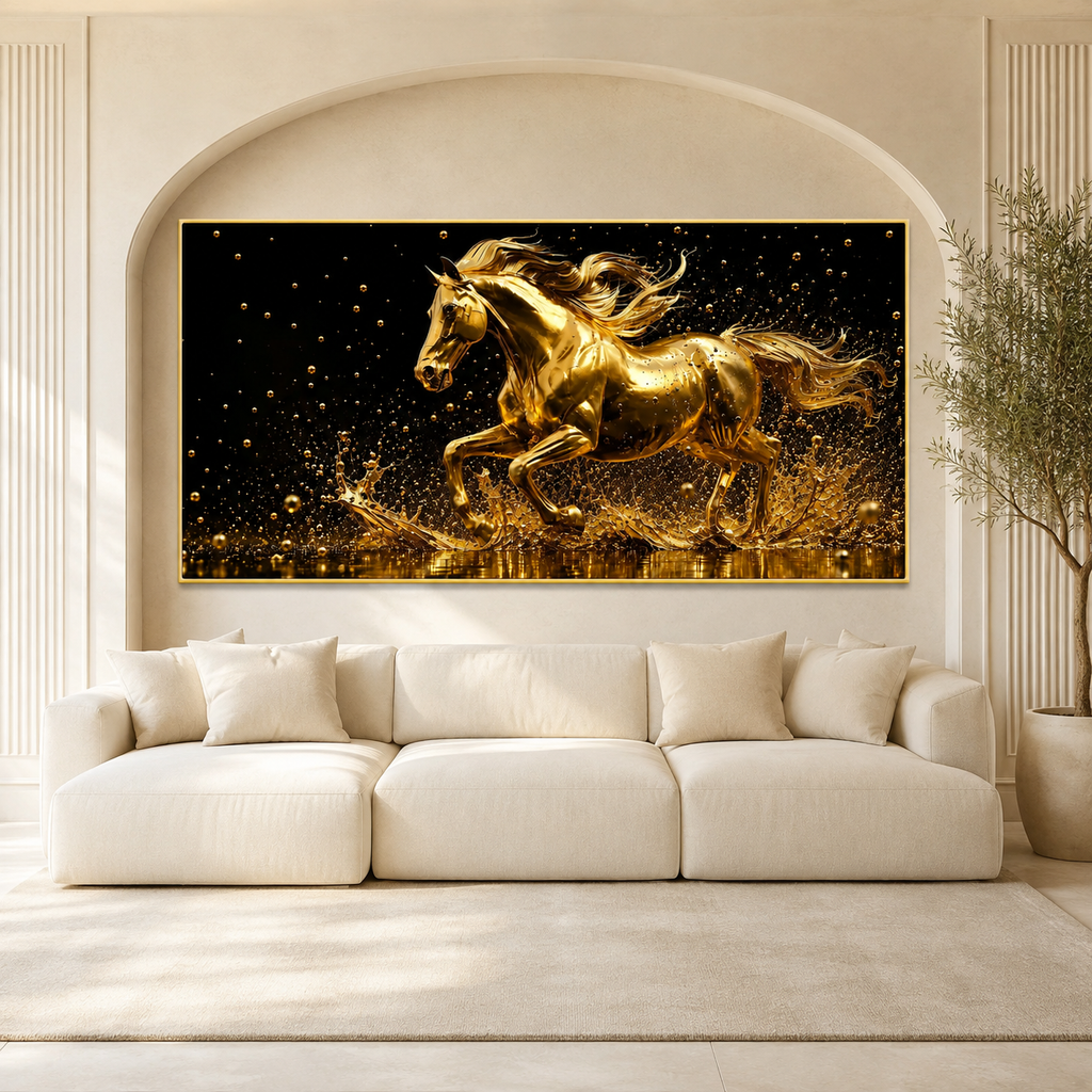 Golden Galloping Horse 3D Wall Painting Premium Luxury Living Room Decor